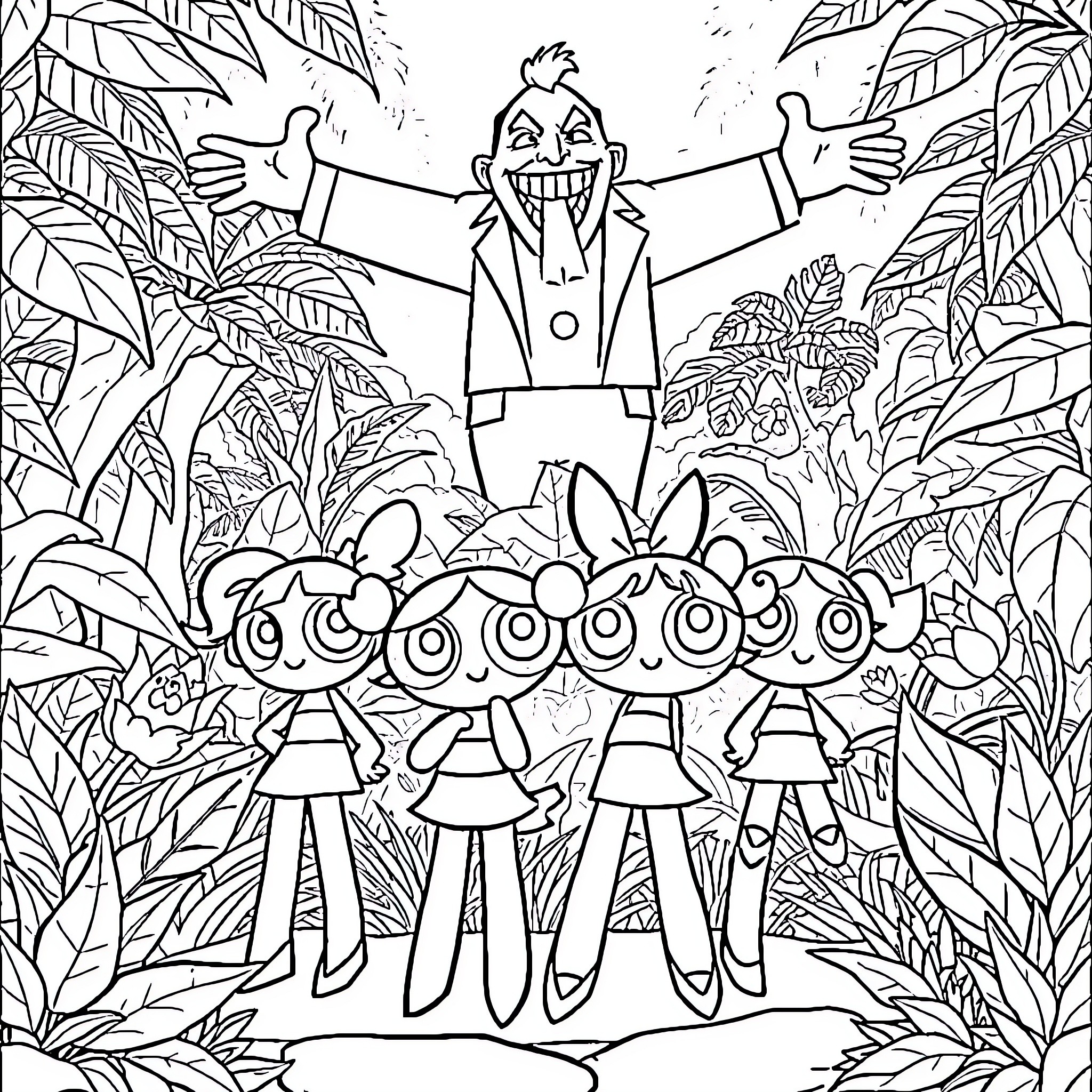 Power Puff Girls exploring the jungle with a happy villain Coloring Page (free black-and-white line drawing printable PDF for all, from beginners to advanced learners, including children, teens, adults, and seniors)