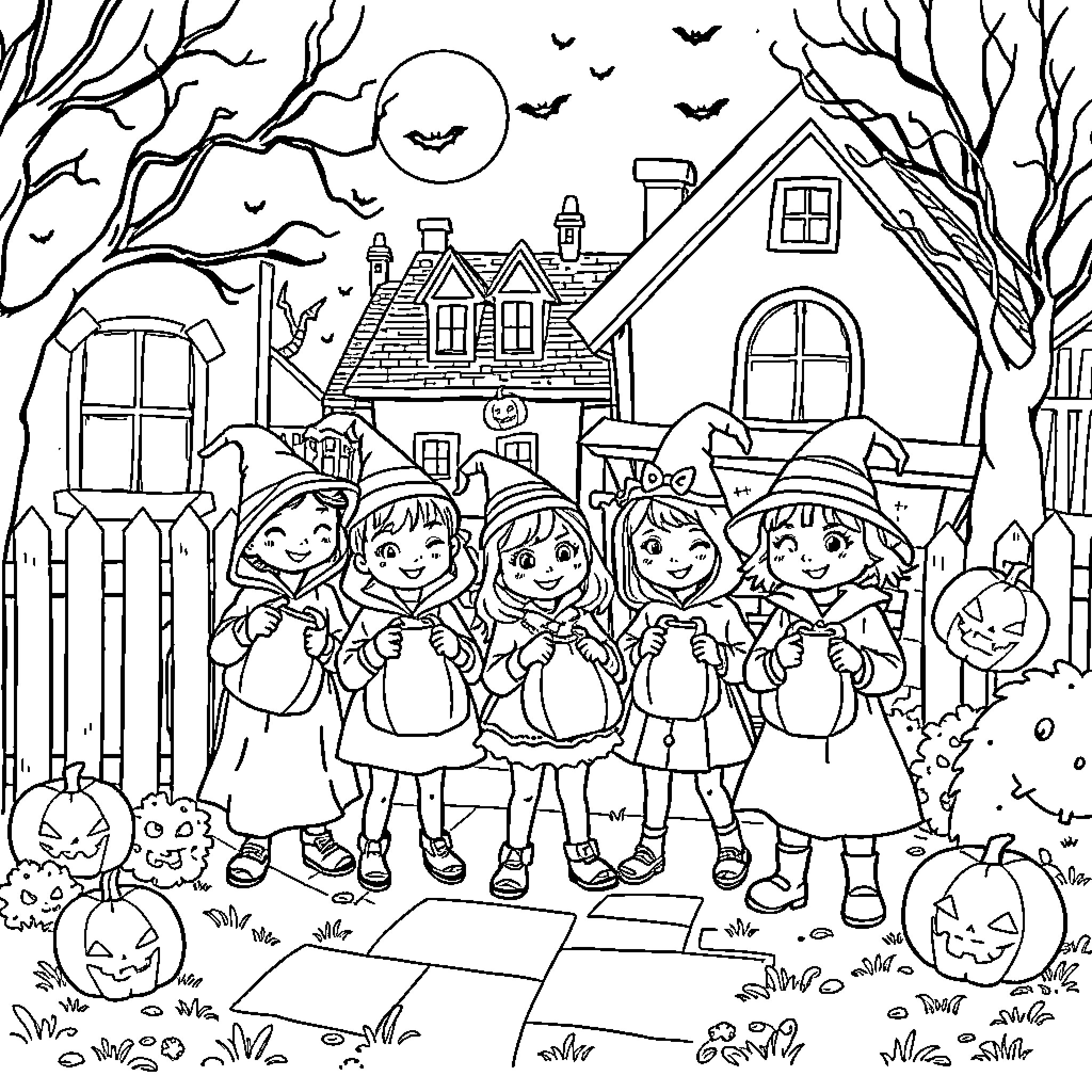 Halloween costumes and spooky house Coloring Page (free black-and-white line drawing printable PDF for all, from beginners to advanced learners, including children, teens, adults, and seniors)