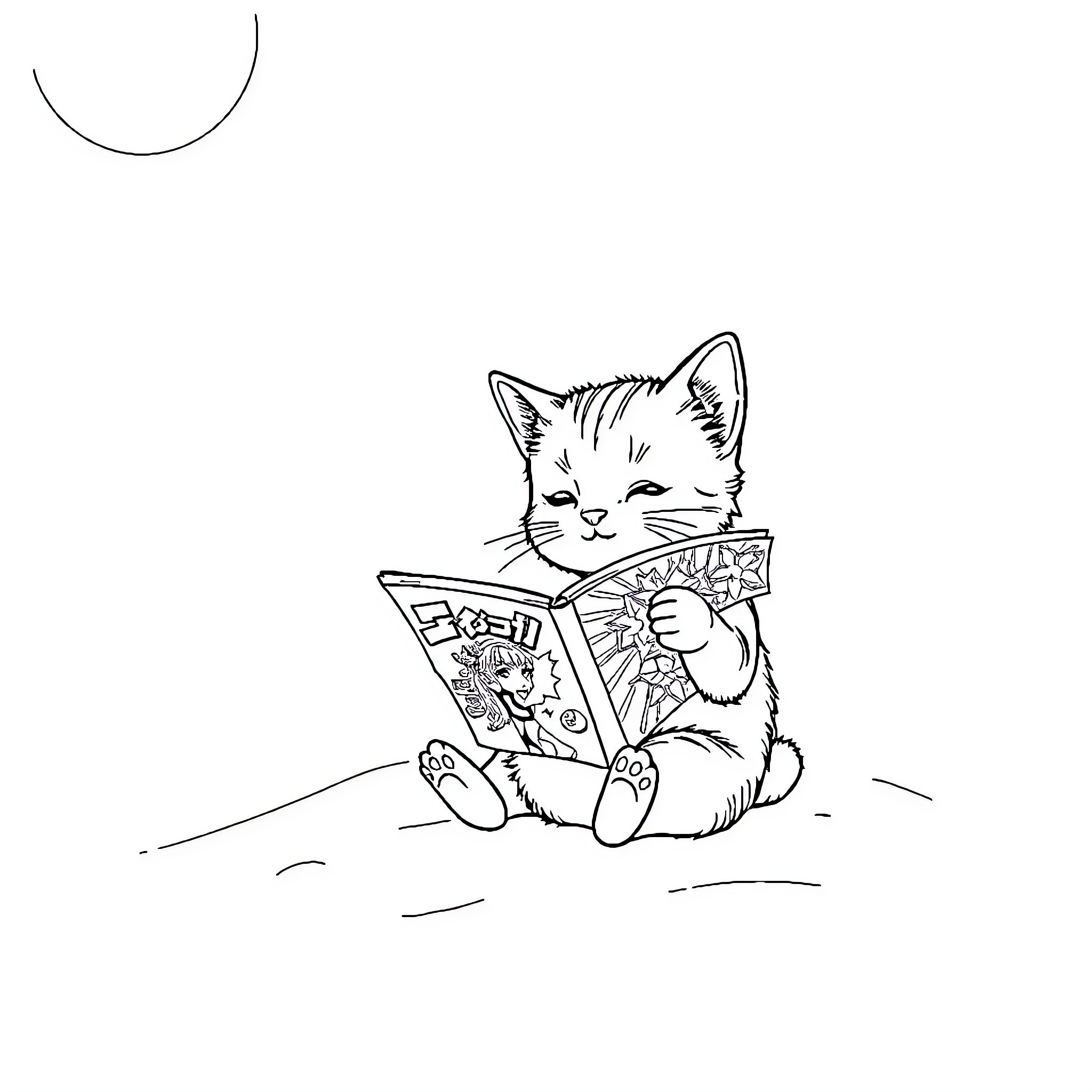 Cat reading a newspaper happily Coloring Page (free black-and-white line drawing printable PDF for all, from beginners to advanced learners, including children, teens, adults, and seniors)