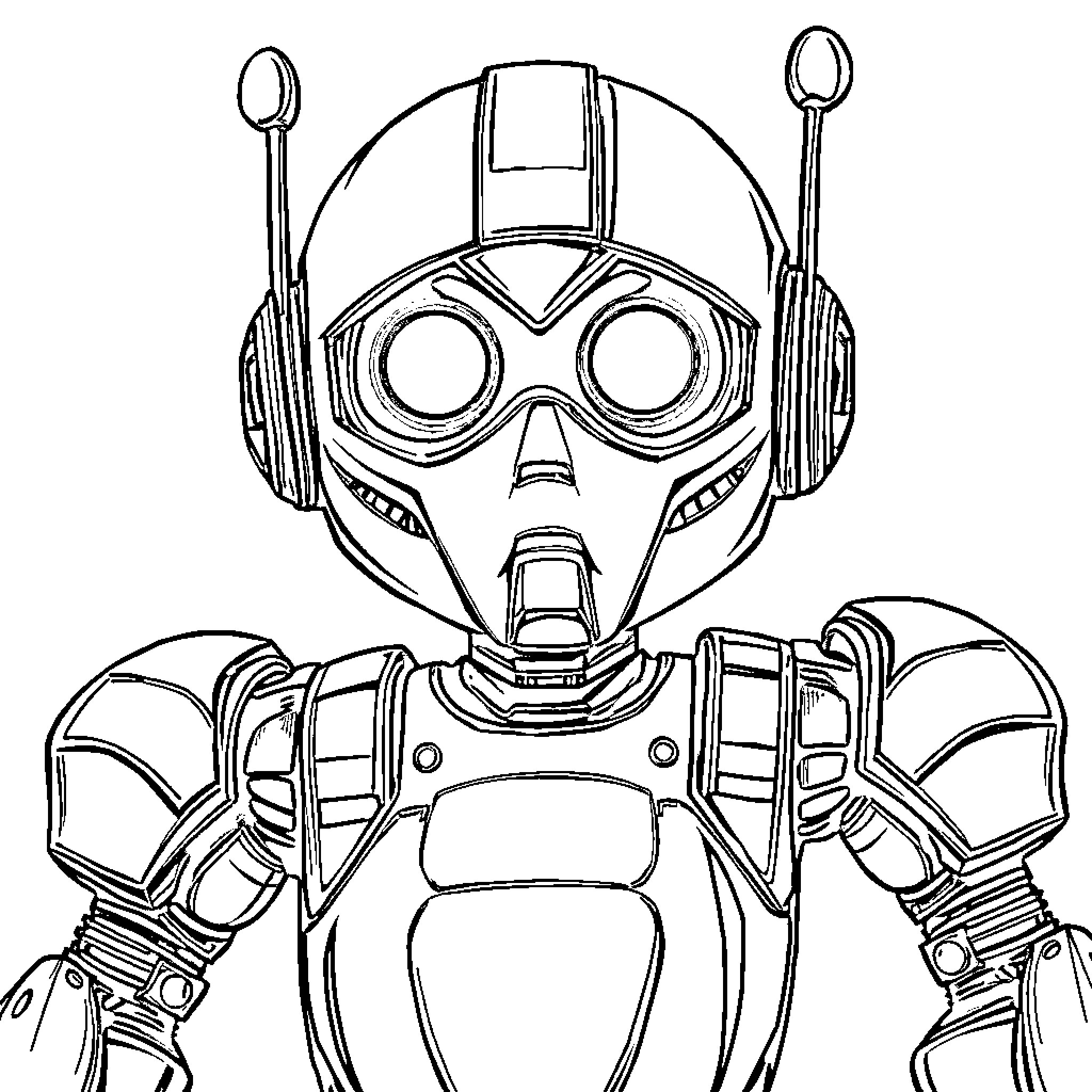 Robot with expressive face and outer gear Coloring Page (free black-and-white line drawing printable PDF for all, from beginners to advanced learners, including children, teens, adults, and seniors)