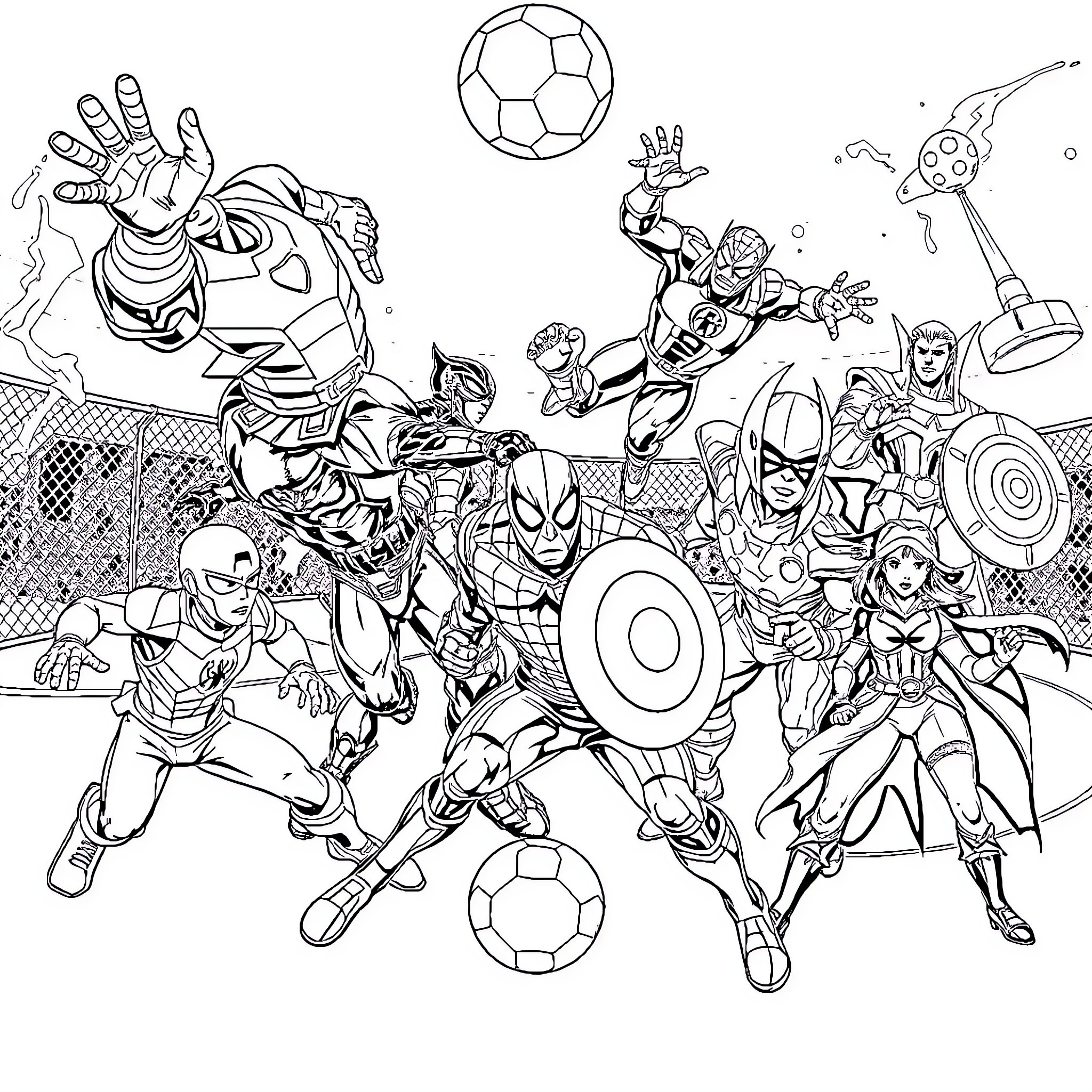 Futsal Game with Superheroes Playing Coloring Page (free black-and-white line drawing printable PDF for all, from beginners to advanced learners, including children, teens, adults, and seniors)