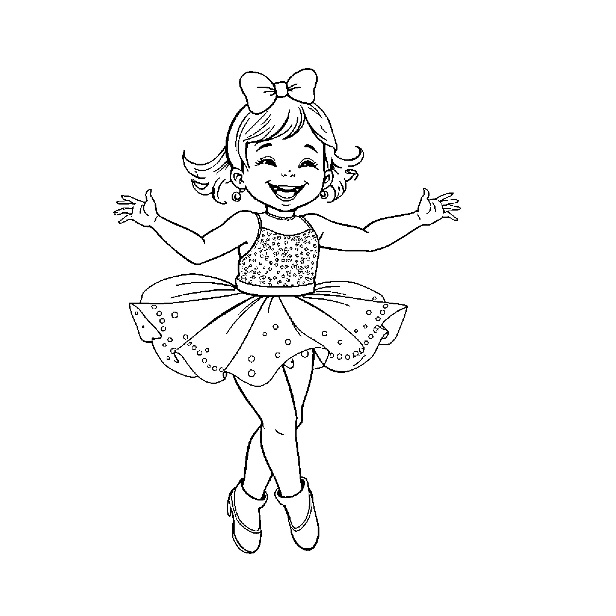 Dancer joyfully performing in a whimsical outfit Coloring Page (free black-and-white line drawing printable PDF for all, from beginners to advanced learners, including children, teens, adults, and seniors)
