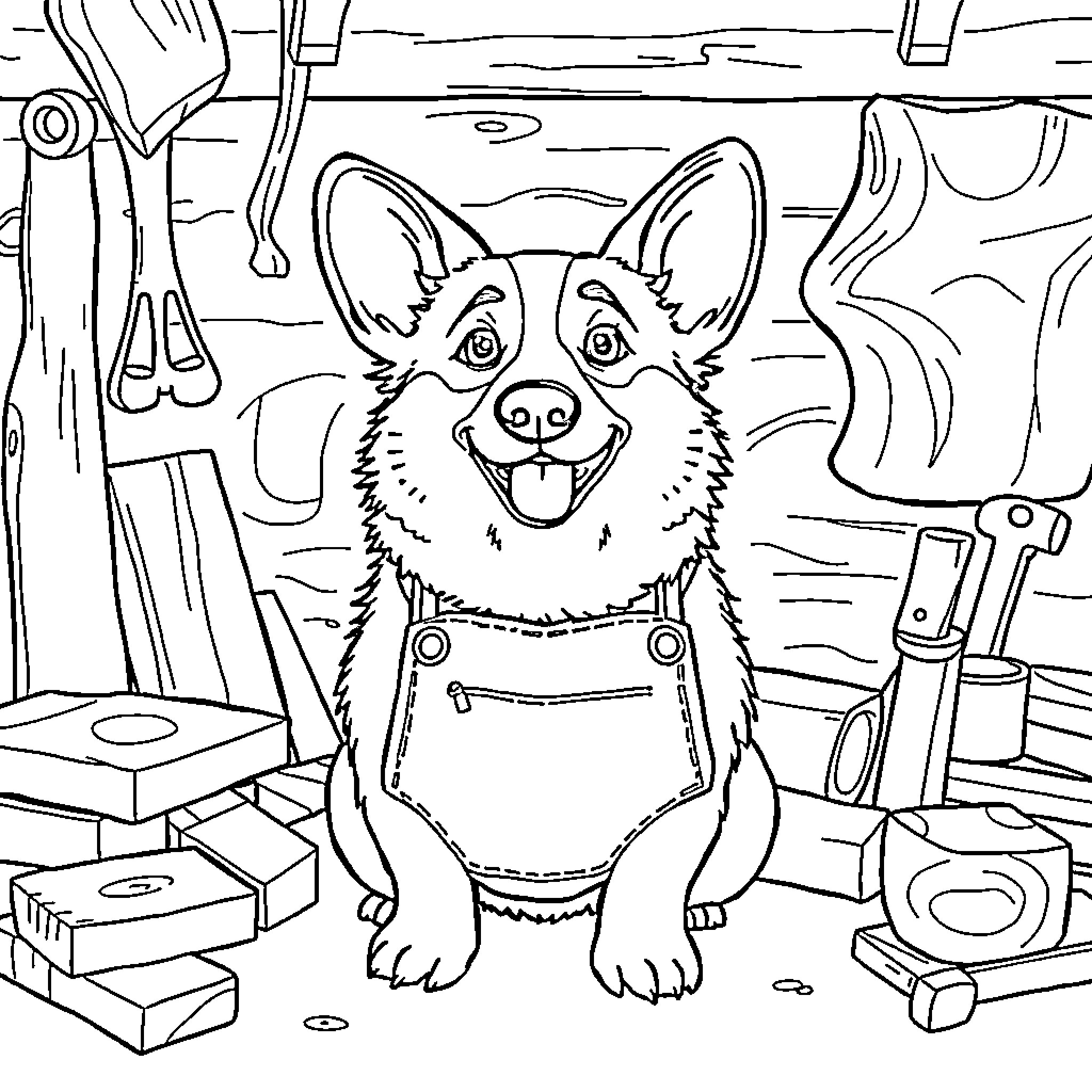 Carpenter Corgi working diligently in the workshop Coloring Page (free black-and-white line drawing printable PDF for all, from beginners to advanced learners, including children, teens, adults, and seniors)