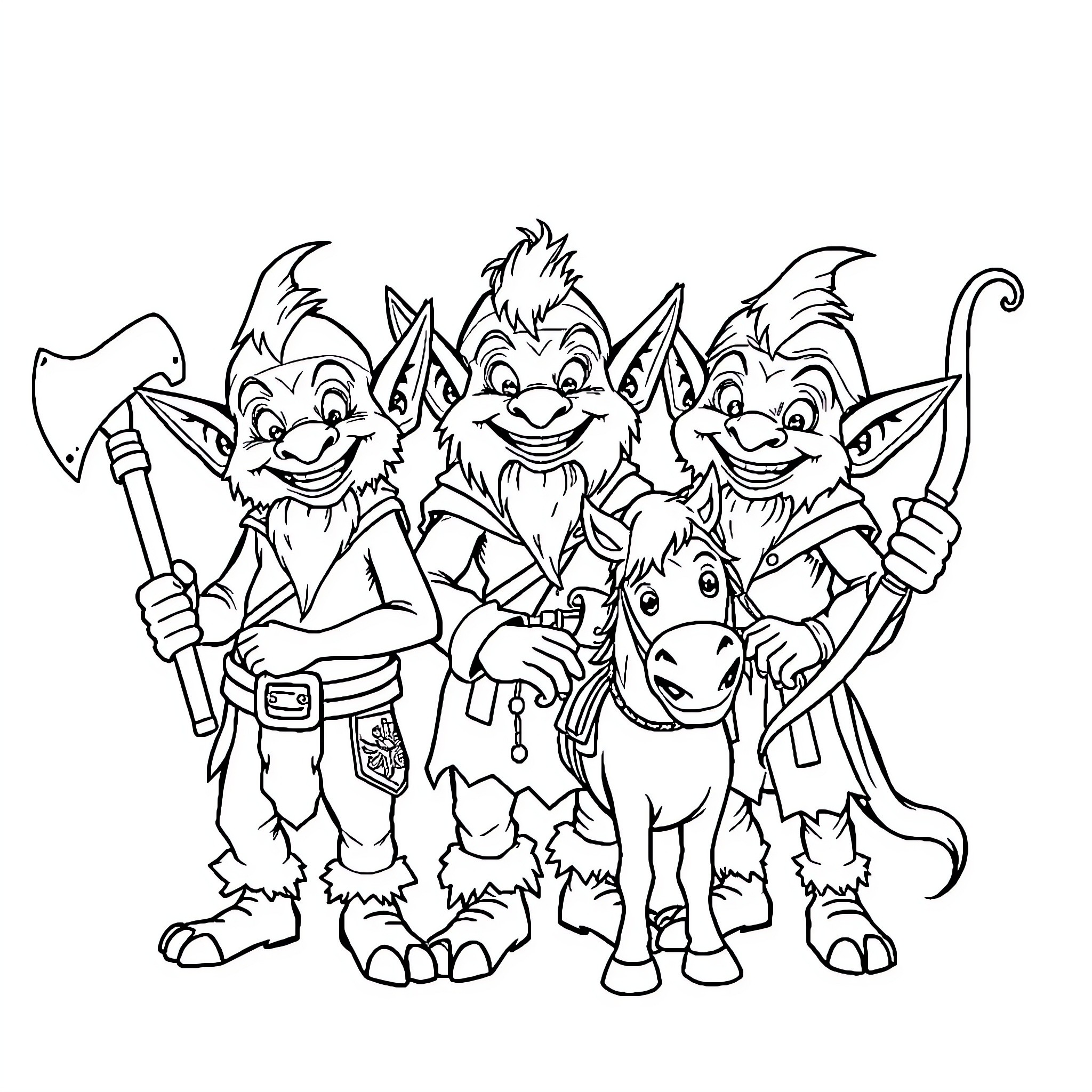 Goblin warriors celebrating with weapons and mounts Coloring Page (free black-and-white line drawing printable PDF for all, from beginners to advanced learners, including children, teens, adults, and seniors)