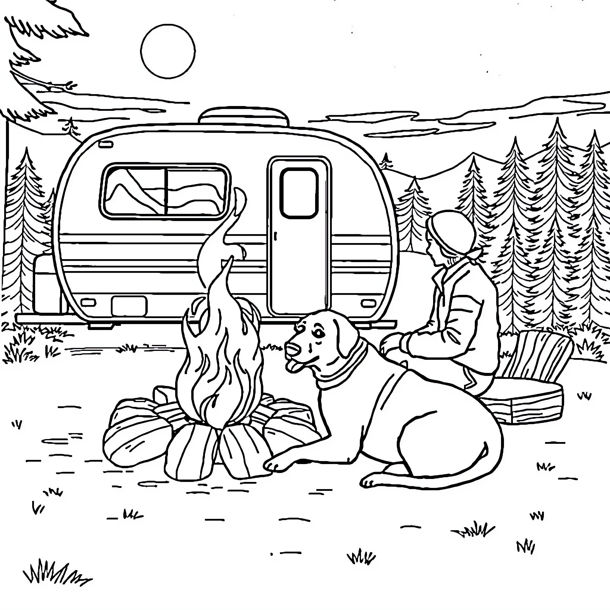 Person camping by the campfire in the woods Coloring Page (free black-and-white line drawing printable PDF for all, from beginners to advanced learners, including children, teens, adults, and seniors)