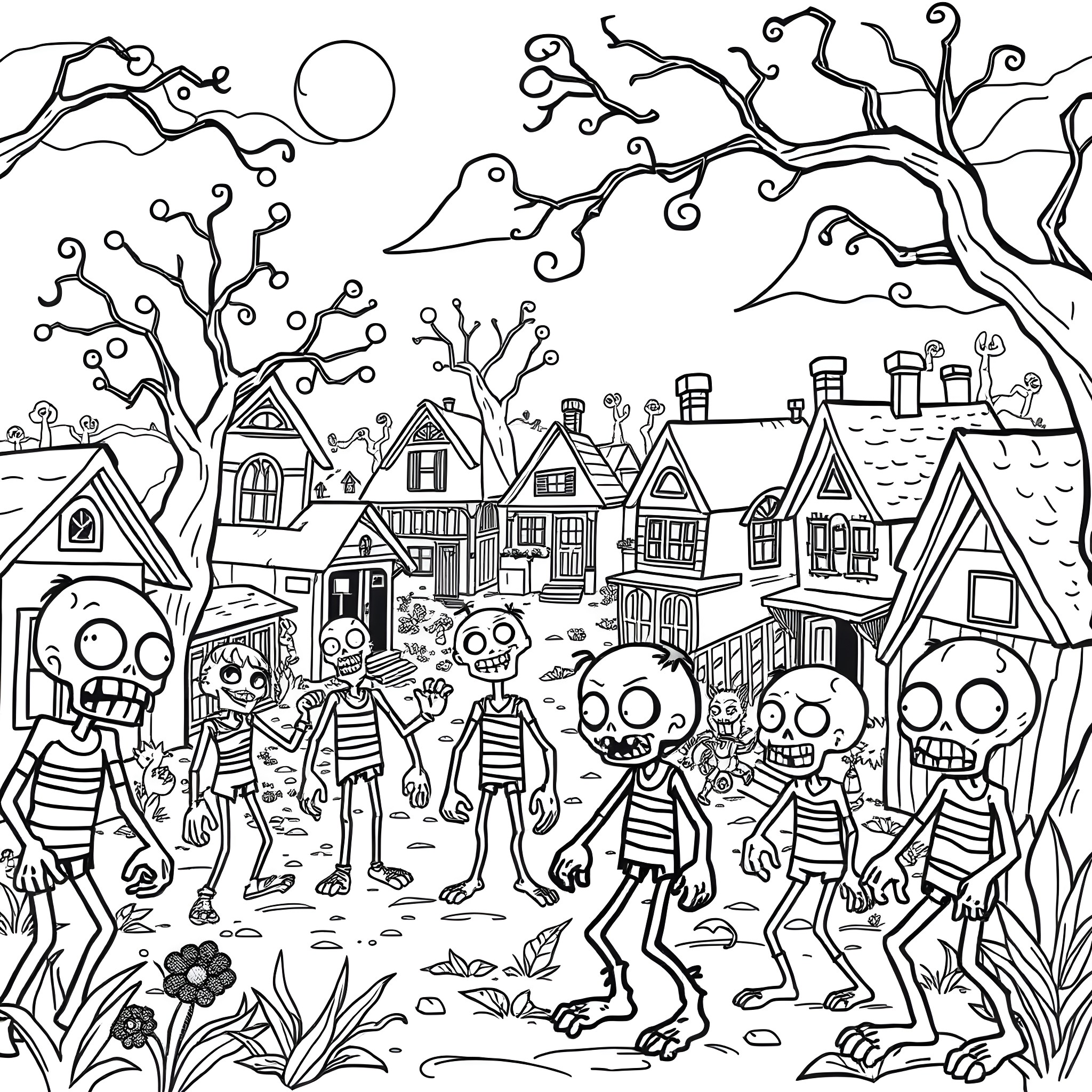 Zombie townspeople gather in creepy neighborhood Coloring Page (free black-and-white line drawing printable PDF for all, from beginners to advanced learners, including children, teens, adults, and seniors)