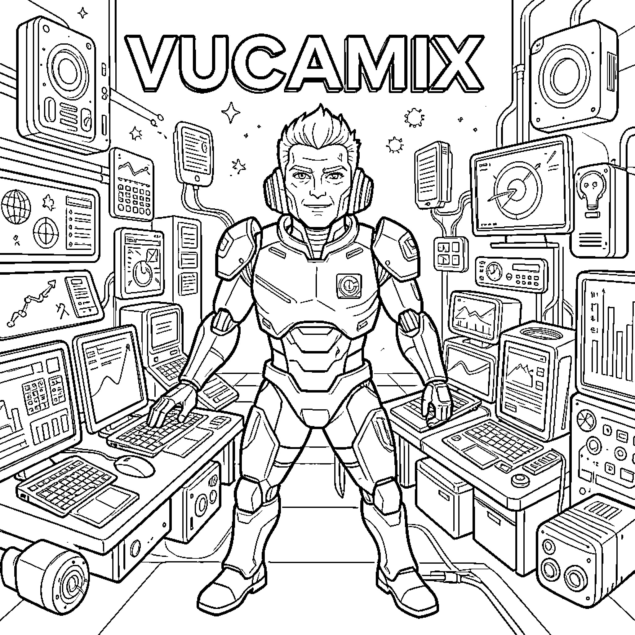 VUCAMIX Technologically Advanced Individual Surrounded by Electronics Coloring Page (free black-and-white line drawing printable PDF for all, from beginners to advanced learners, including children, teens, adults, and seniors)