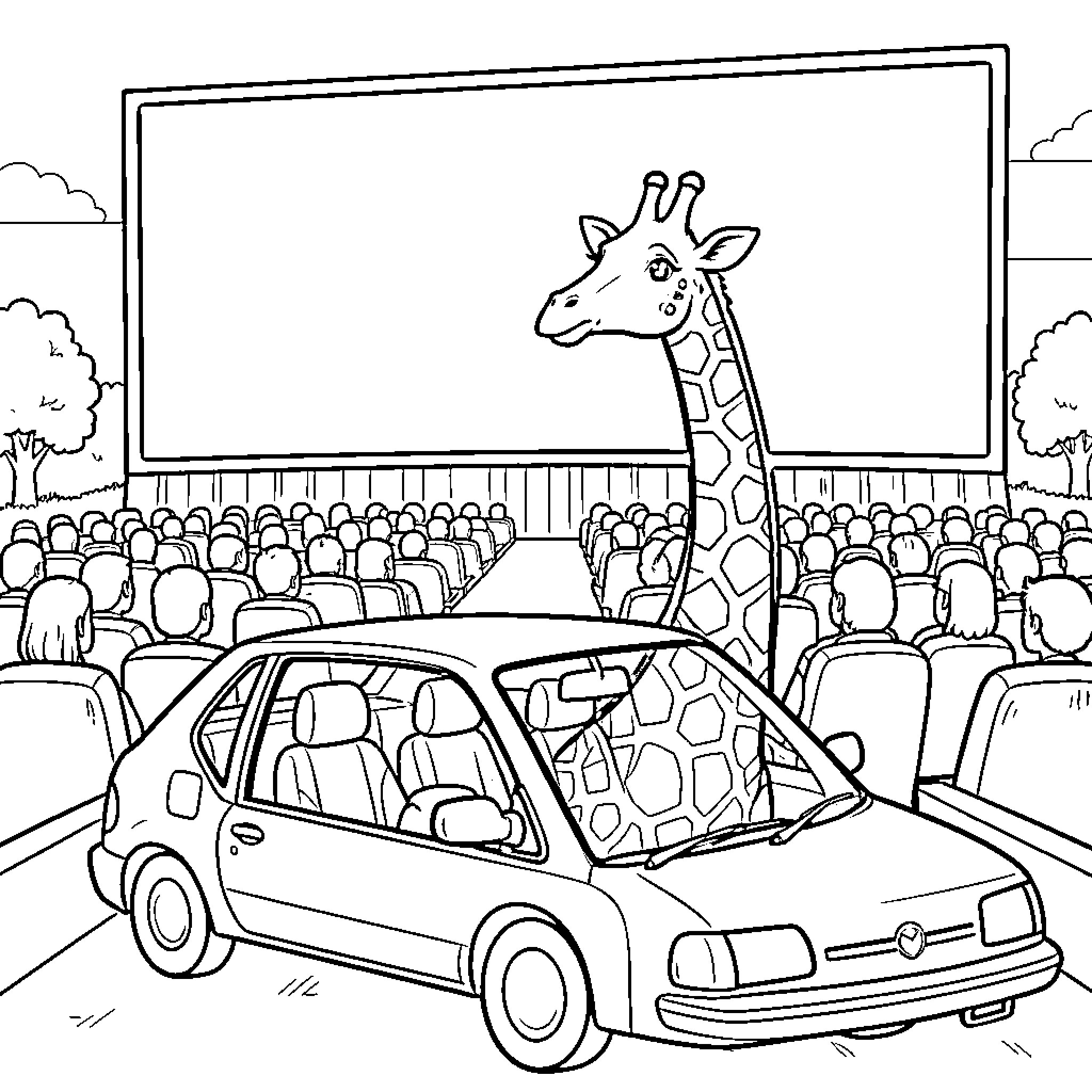 Giraffe watching a movie from inside a car Coloring Page (free black-and-white line drawing printable PDF for all, from beginners to advanced learners, including children, teens, adults, and seniors)