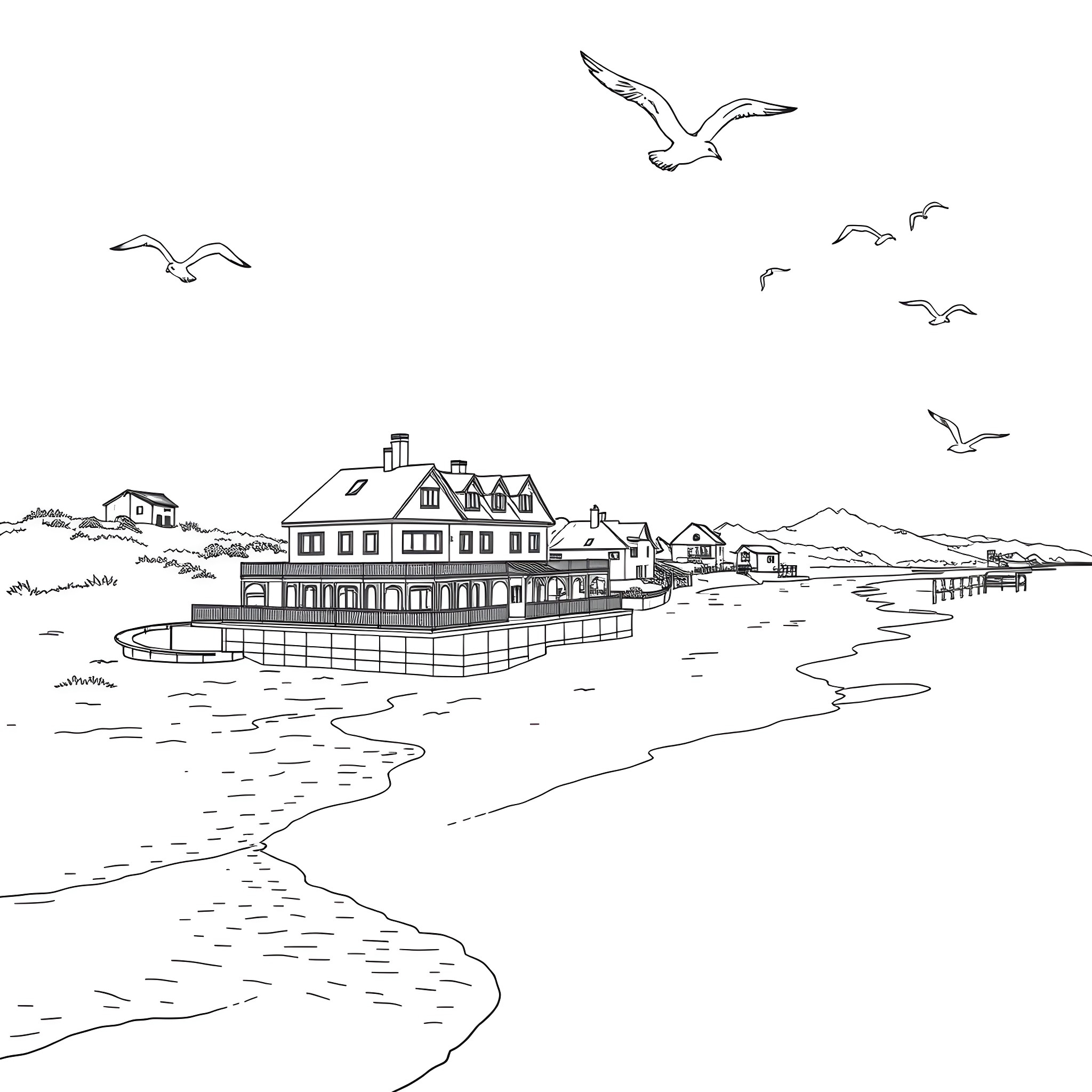 Beach scene with seagulls and coastal buildings Coloring Page (free black-and-white line drawing printable PDF for all, from beginners to advanced learners, including children, teens, adults, and seniors)