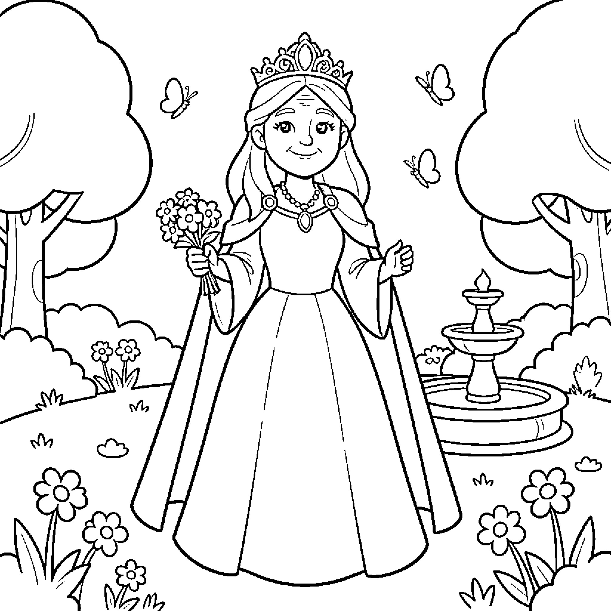 Queen holding a bouquet in a garden Coloring Page (free black-and-white line drawing printable PDF for all, from beginners to advanced learners, including children, teens, adults, and seniors)
