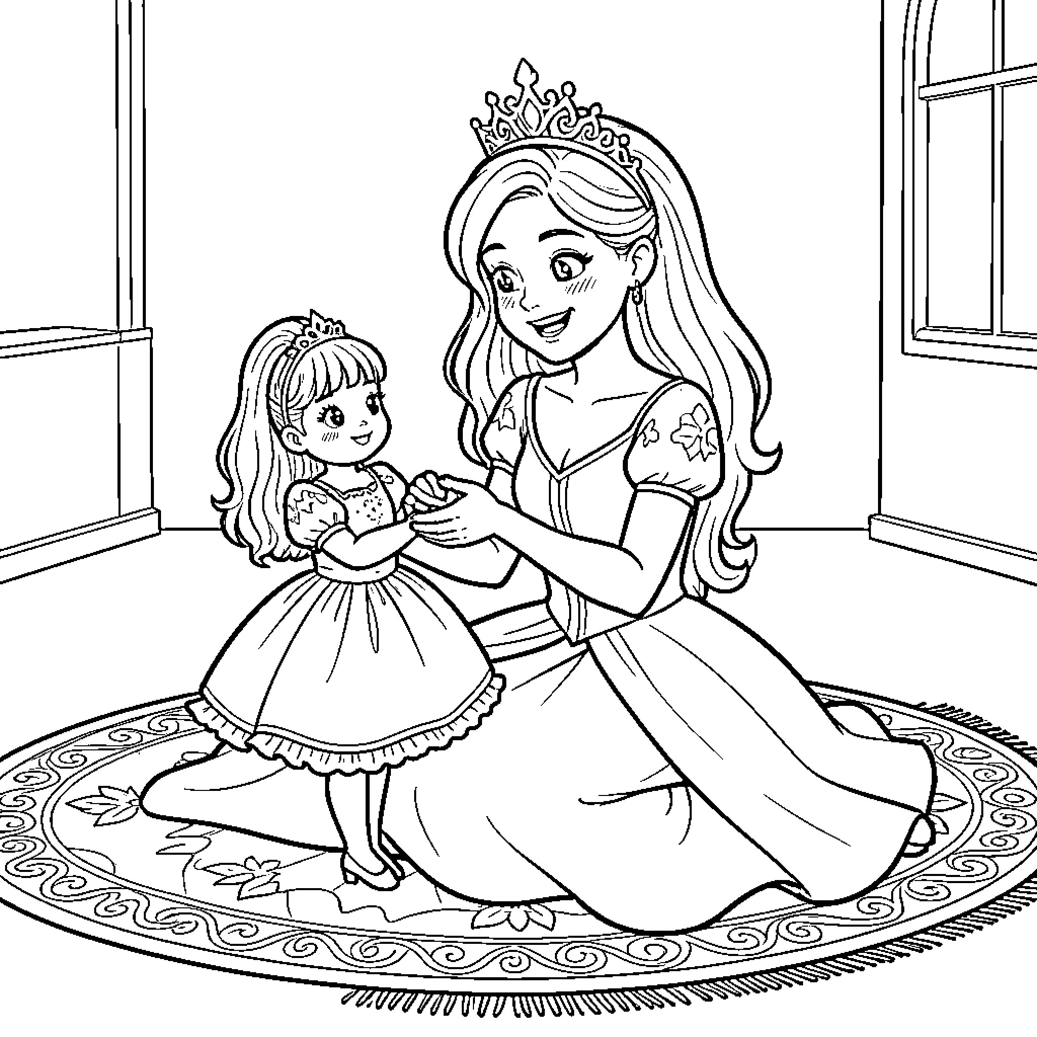 Princess smiling while holding hands with a little girl Coloring Page (free black-and-white line drawing printable PDF for all, from beginners to advanced learners, including children, teens, adults, and seniors)