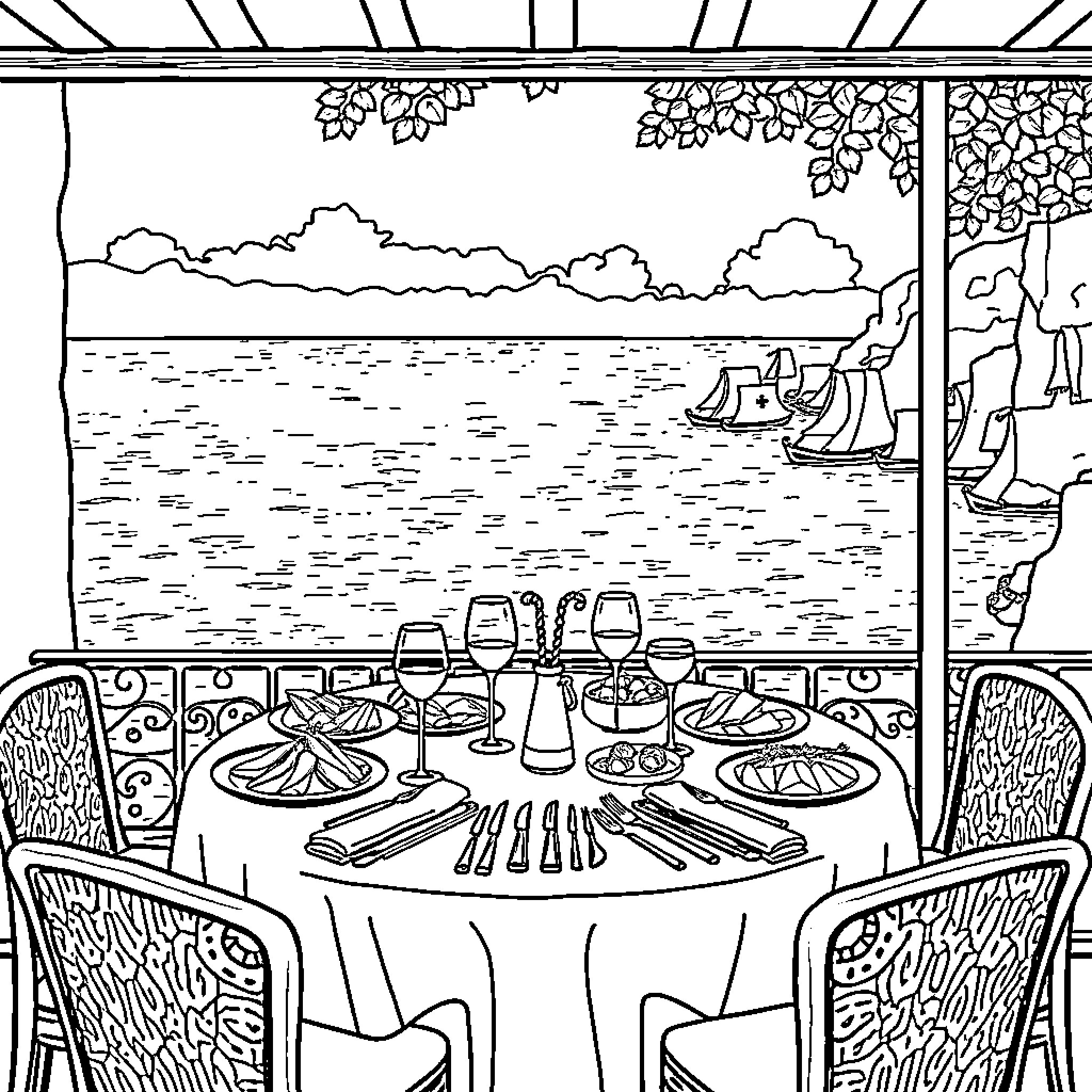 Dinner with a Scenic Waterfront View Coloring Page (free black-and-white line drawing printable PDF for all, from beginners to advanced learners, including children, teens, adults, and seniors)