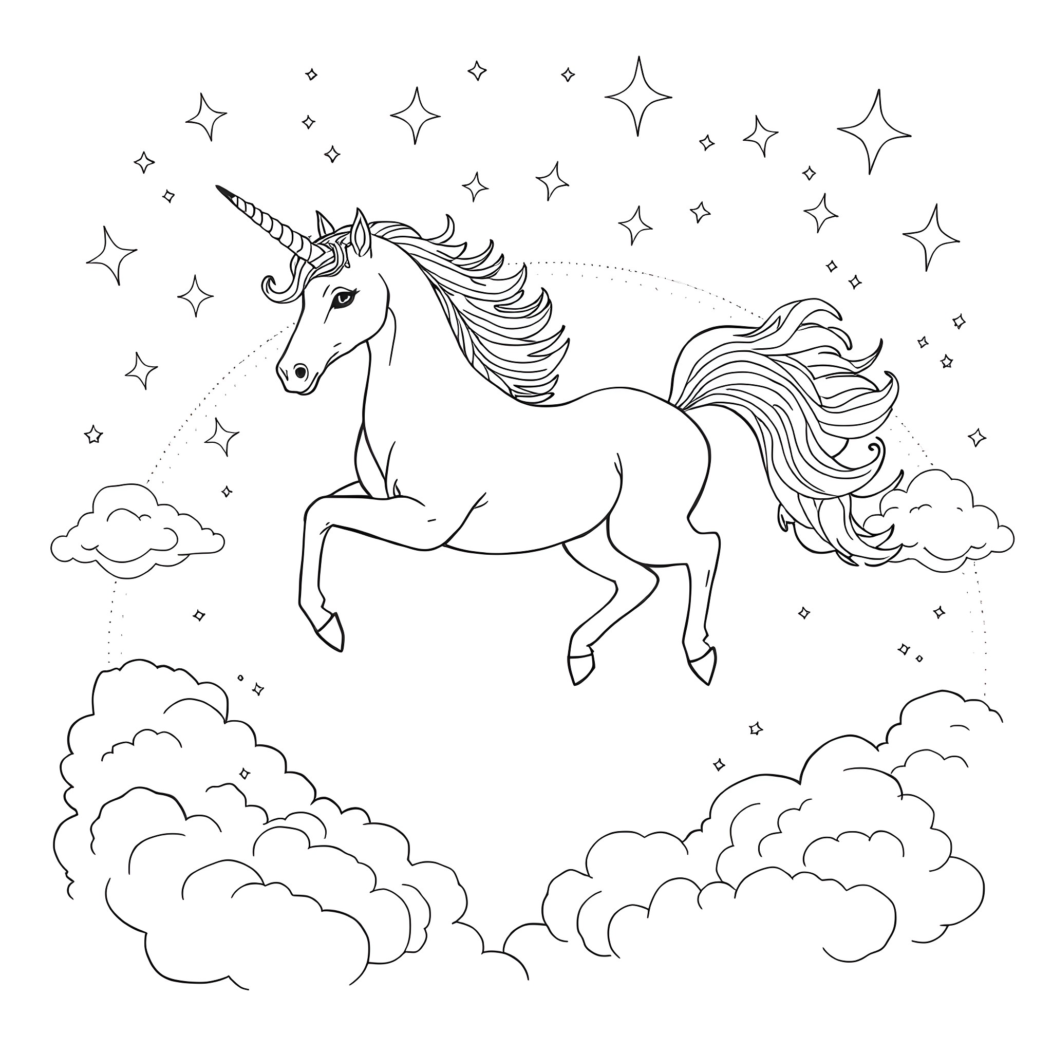 Unicorn dancing among the stars and clouds Coloring Page (free black-and-white line drawing printable PDF for all, from beginners to advanced learners, including children, teens, adults, and seniors)