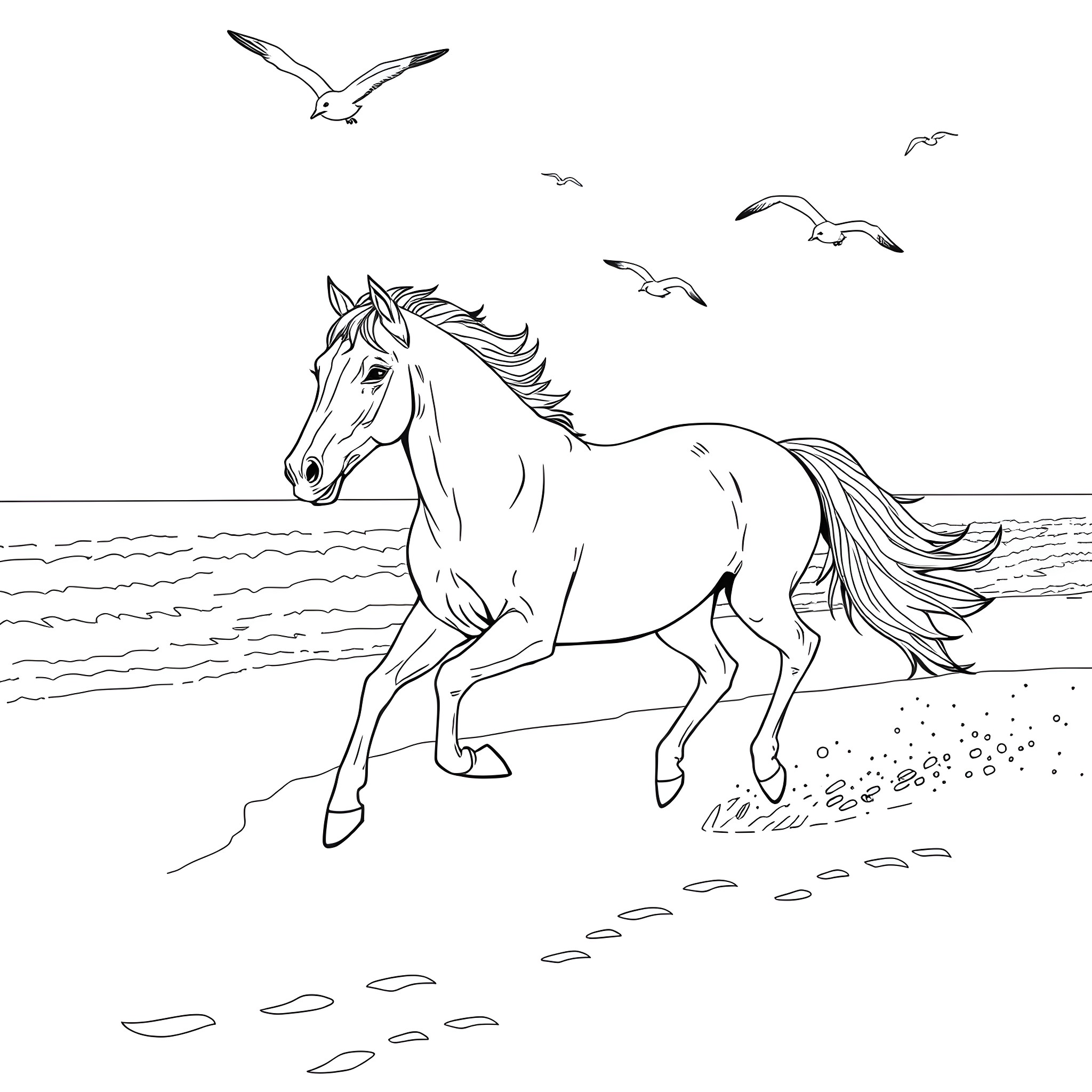 Horse galloping freely by the shore Coloring Page (free black-and-white line drawing printable PDF for all, from beginners to advanced learners, including children, teens, adults, and seniors)