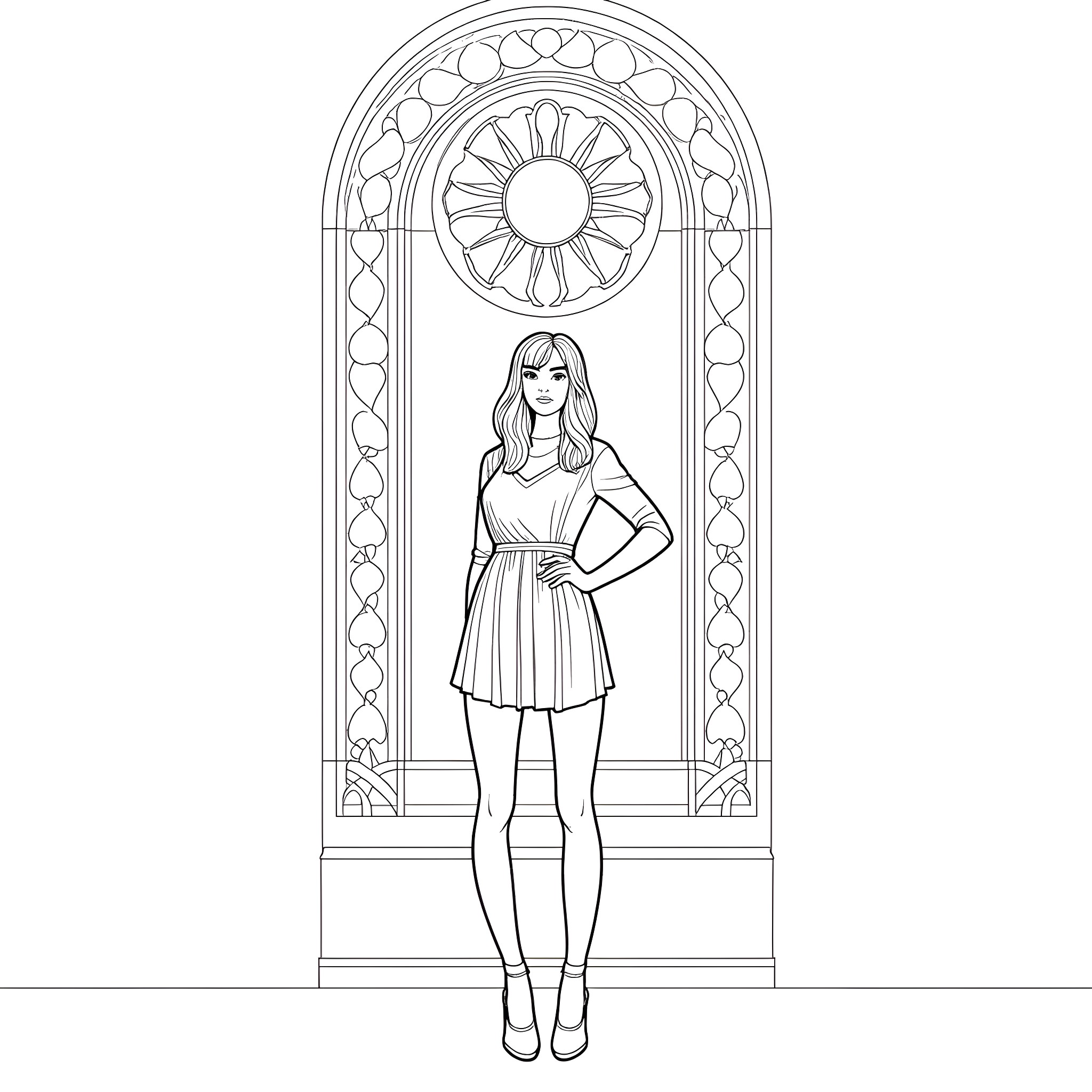 Veronica Lodge in a stained glass window setting Coloring Page (free black-and-white line drawing printable PDF for all, from beginners to advanced learners, including children, teens, adults, and seniors)
