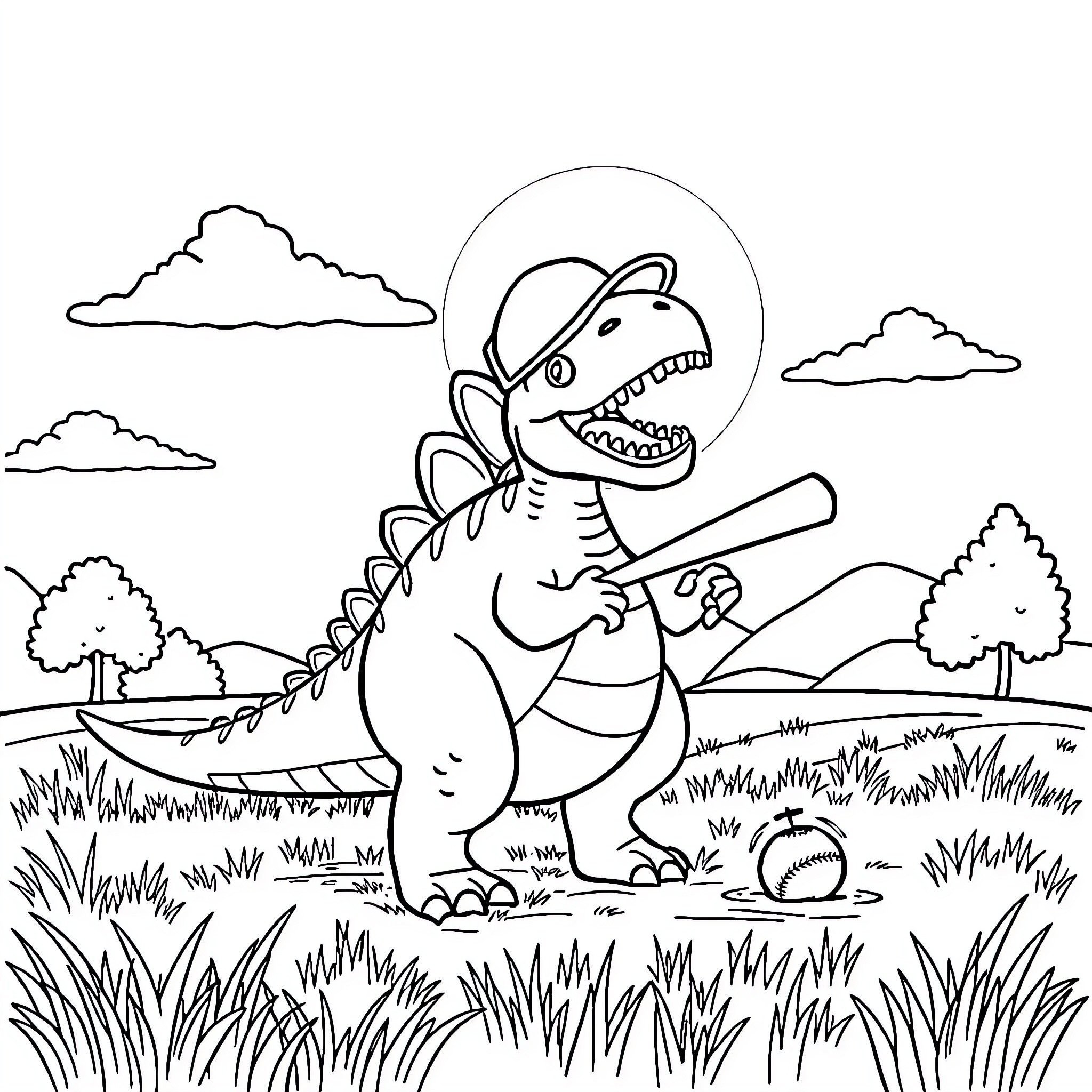 Spinosaurus playing with a baseball bat in the field Coloring Page (free black-and-white line drawing printable PDF for all, from beginners to advanced learners, including children, teens, adults, and seniors)