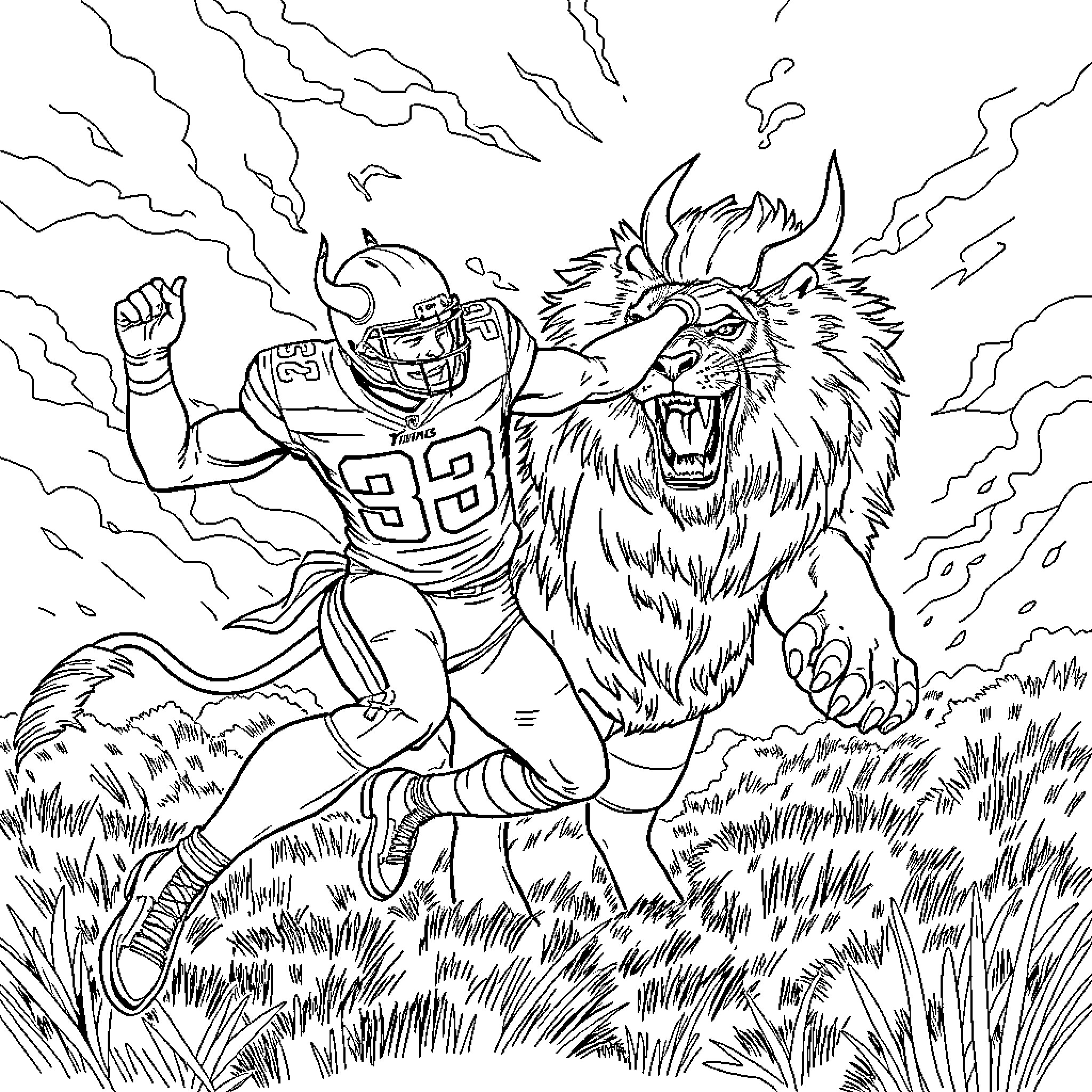 Justin Jefferson Battles the Ferocious Lion Coloring Page (free black-and-white line drawing printable PDF for all, from beginners to advanced learners, including children, teens, adults, and seniors)