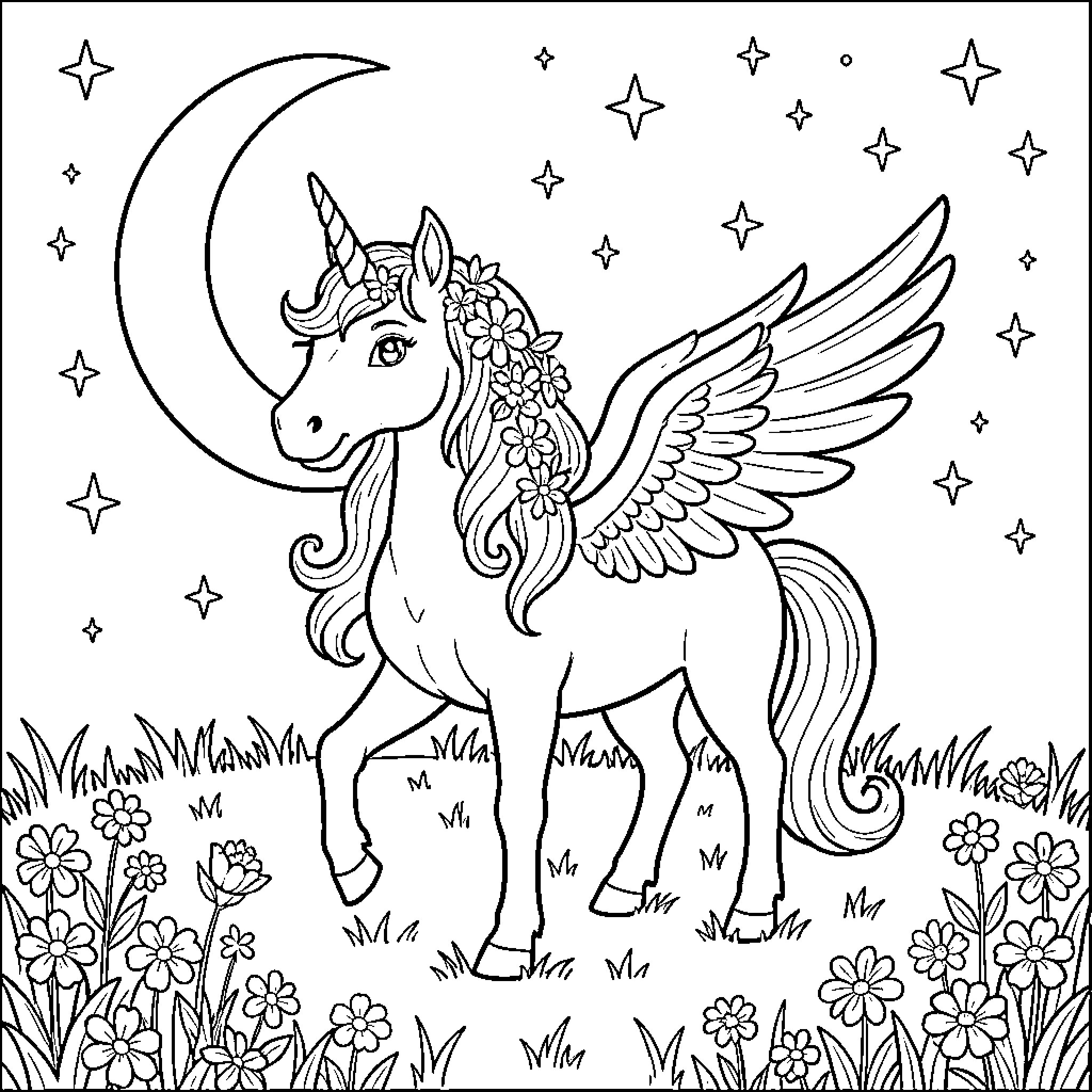 Unicorn with wings standing in a flowery meadow Coloring Page (free black-and-white line drawing printable PDF for all, from beginners to advanced learners, including children, teens, adults, and seniors)