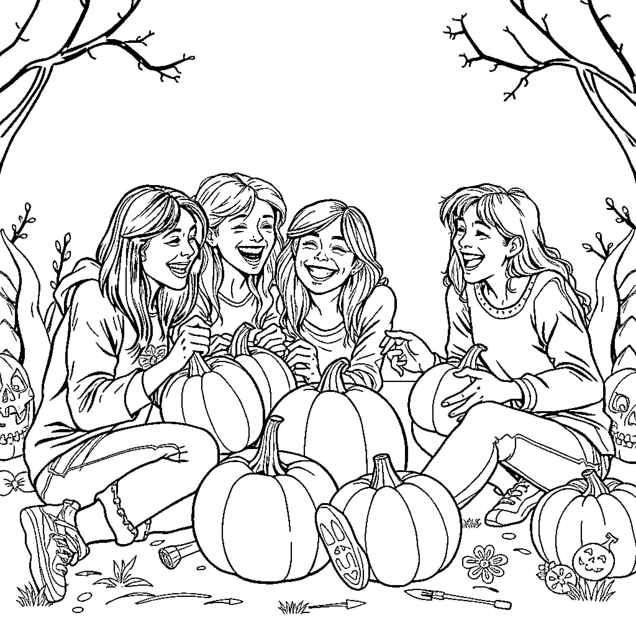Pumpkin Patch Playful Gathering Coloring Page (free black-and-white line drawing printable PDF for all, from beginners to advanced learners, including children, teens, adults, and seniors)