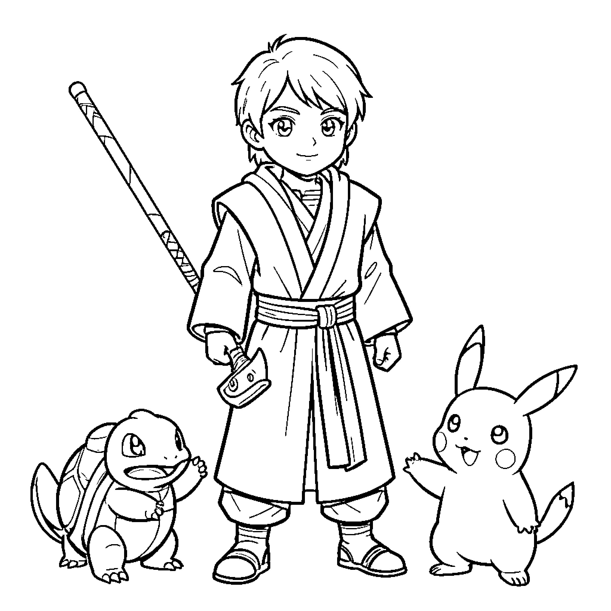 Jedi child standing bravely with cute companion creatures Coloring Page (free black-and-white line drawing printable PDF for all, from beginners to advanced learners, including children, teens, adults, and seniors)