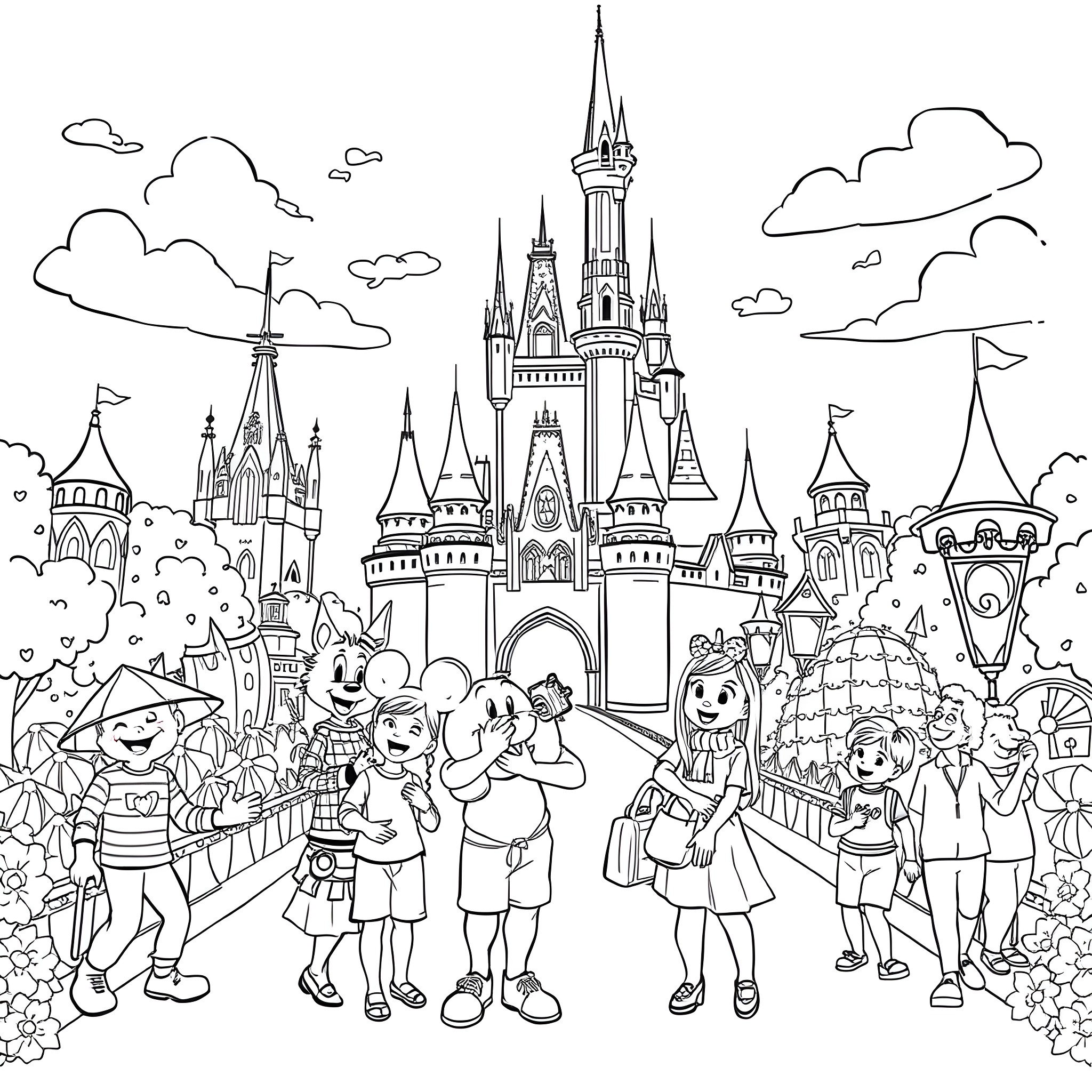 Bluey's Magical Castle Adventure Coloring Page (free black-and-white line drawing printable PDF for all, from beginners to advanced learners, including children, teens, adults, and seniors)