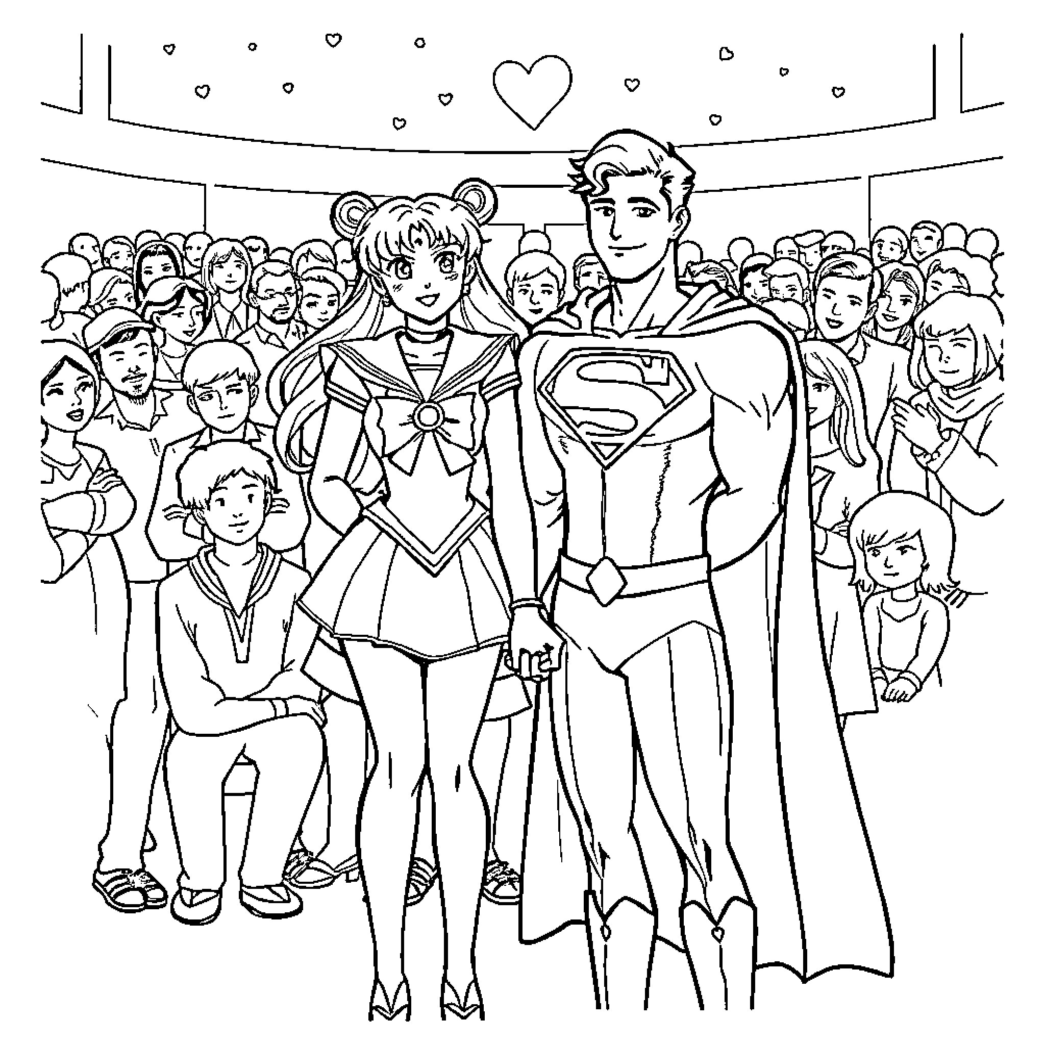 Sailormoon holding hands with Superman before a crowd Coloring Page (free black-and-white line drawing printable PDF for all, from beginners to advanced learners, including children, teens, adults, and seniors)