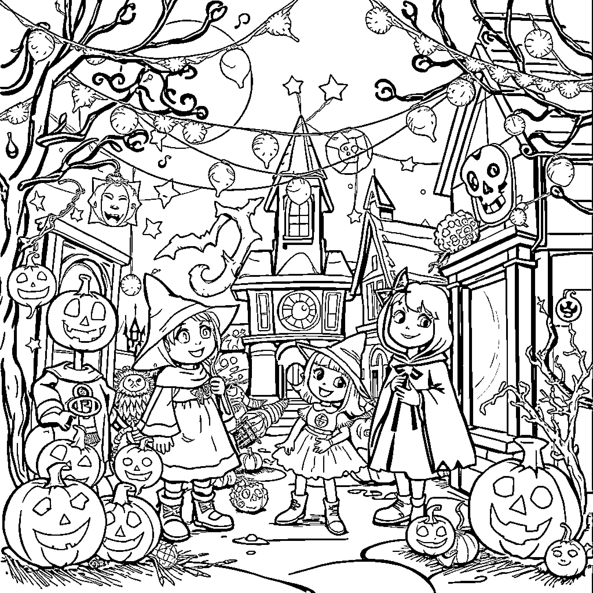 Halloween scenes filled with costumes and decor Coloring Page (free black-and-white line drawing printable PDF for all, from beginners to advanced learners, including children, teens, adults, and seniors)