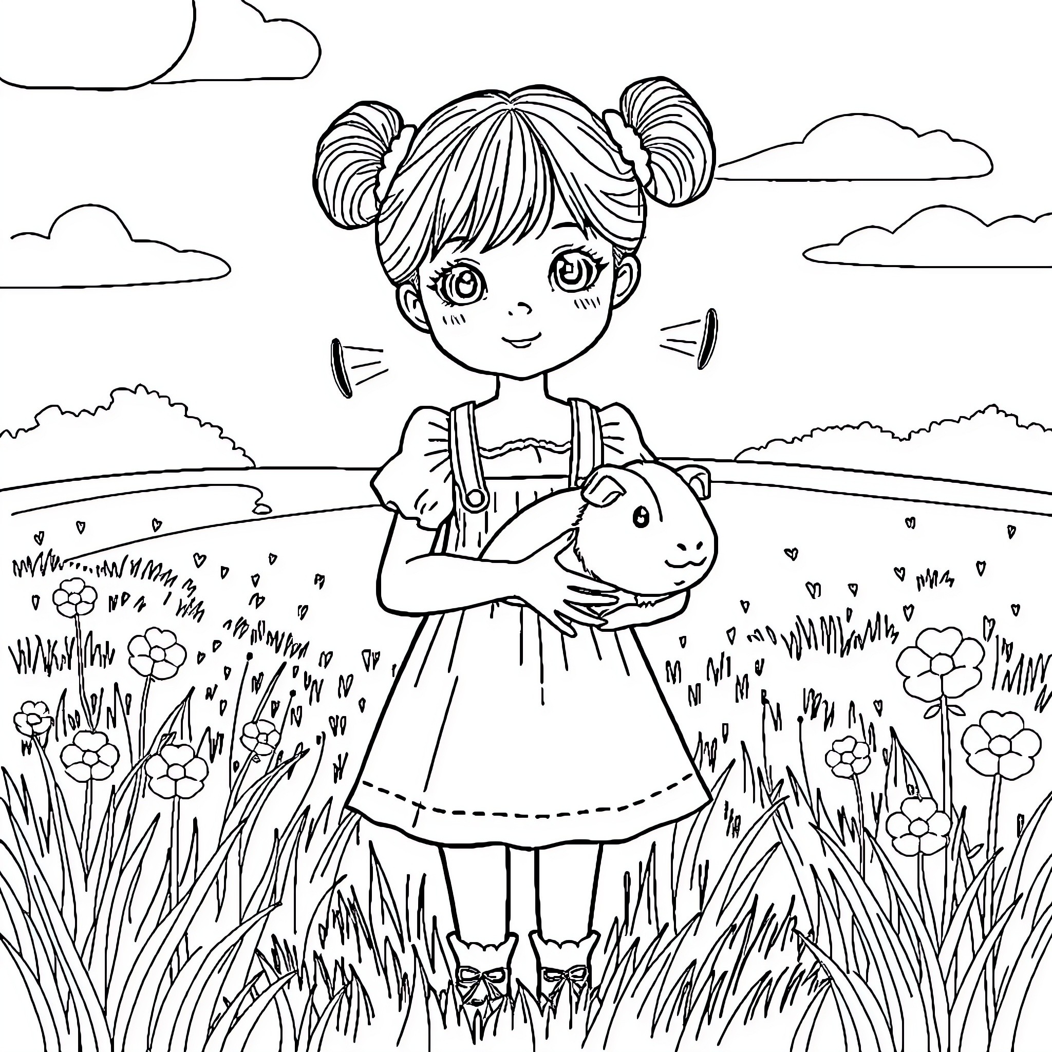 Girl playing with pet in a field of flowers Coloring Page (free black-and-white line drawing printable PDF for all, from beginners to advanced learners, including children, teens, adults, and seniors)