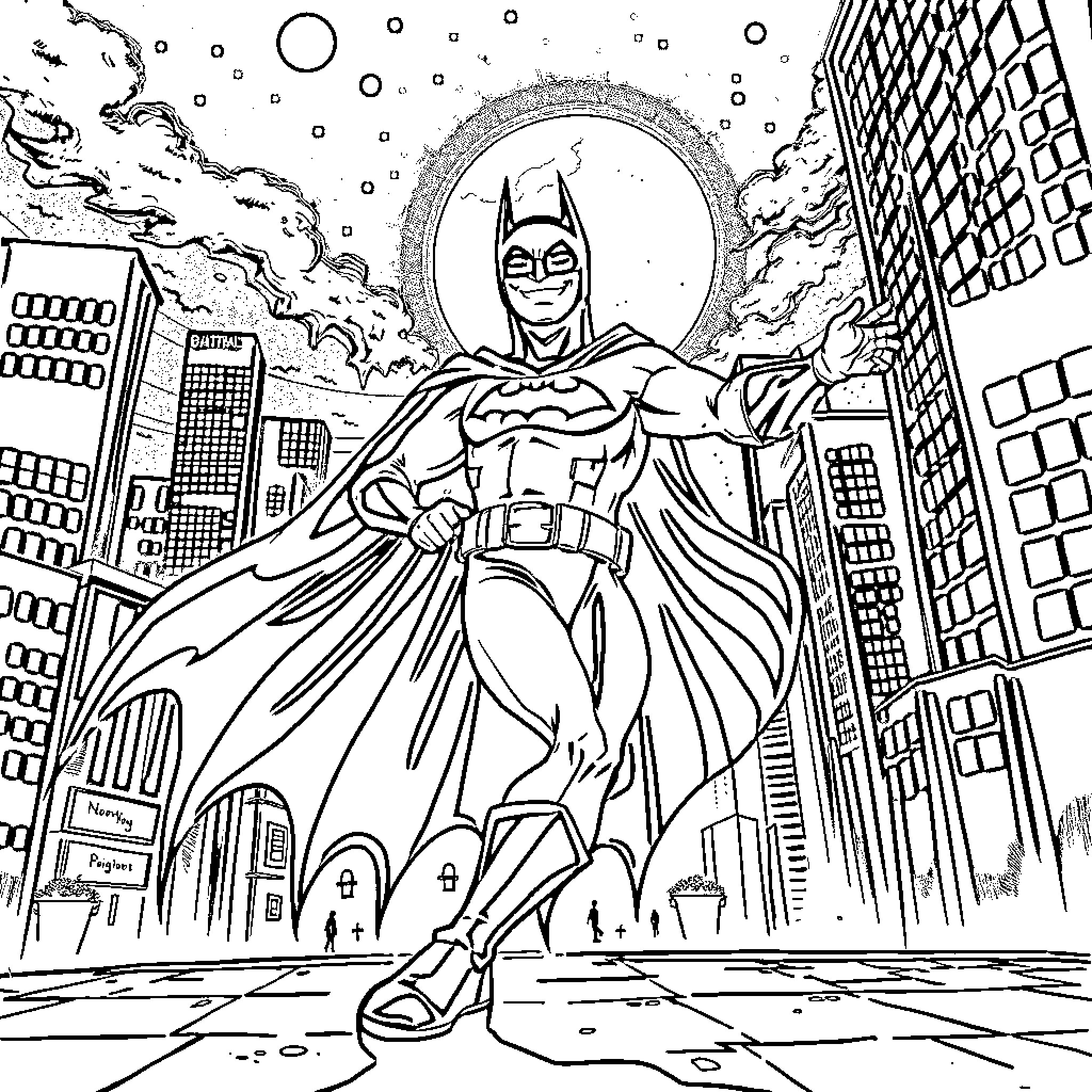Batman battling crime in the city at night Coloring Page (free black-and-white line drawing printable PDF for all, from beginners to advanced learners, including children, teens, adults, and seniors)
