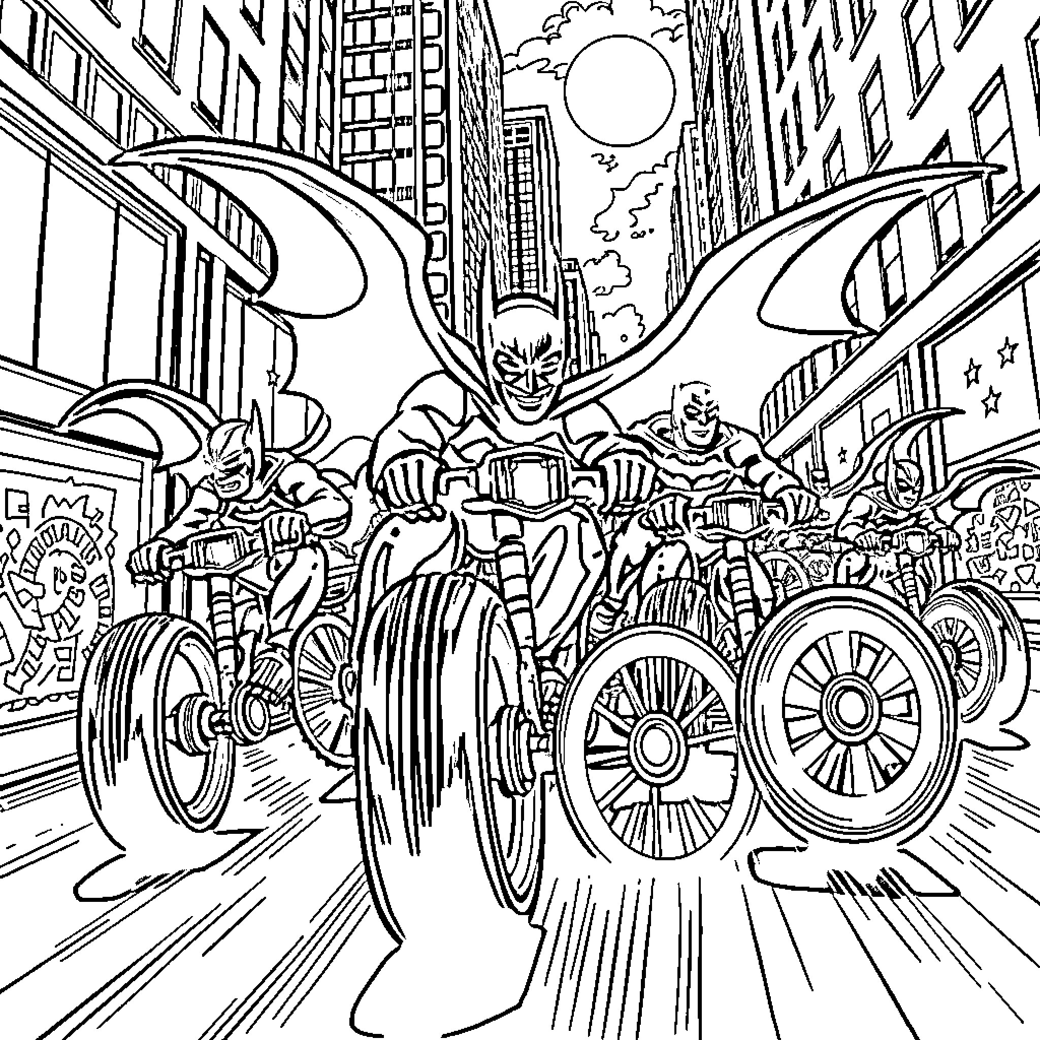 Batwheel Superheroes Riding Motorcycles in the City Coloring Page (free black-and-white line drawing printable PDF for all, from beginners to advanced learners, including children, teens, adults, and seniors)