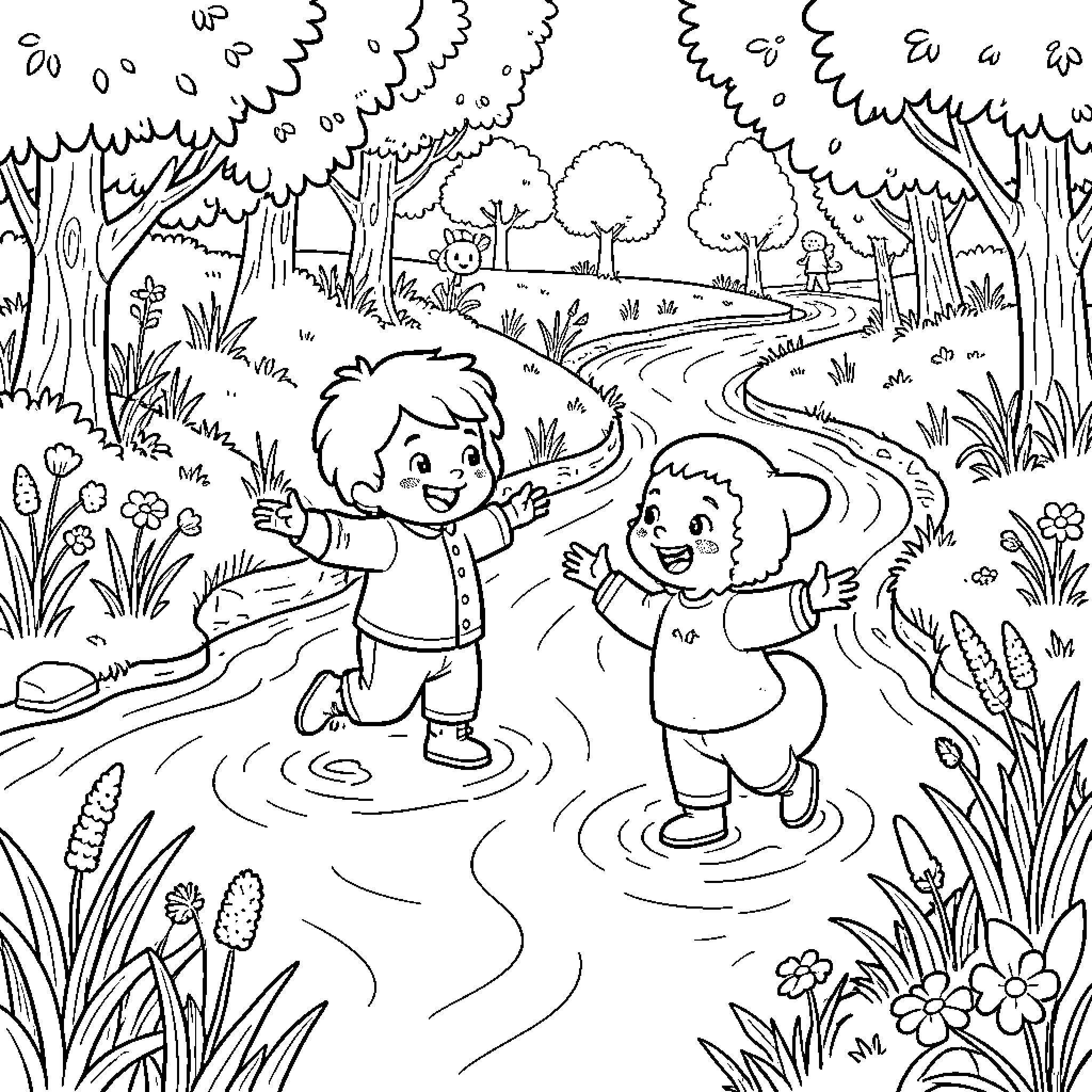 Pokémon characters splashing joyfully in a shallow stream Coloring Page (free black-and-white line drawing printable PDF for all, from beginners to advanced learners, including children, teens, adults, and seniors)