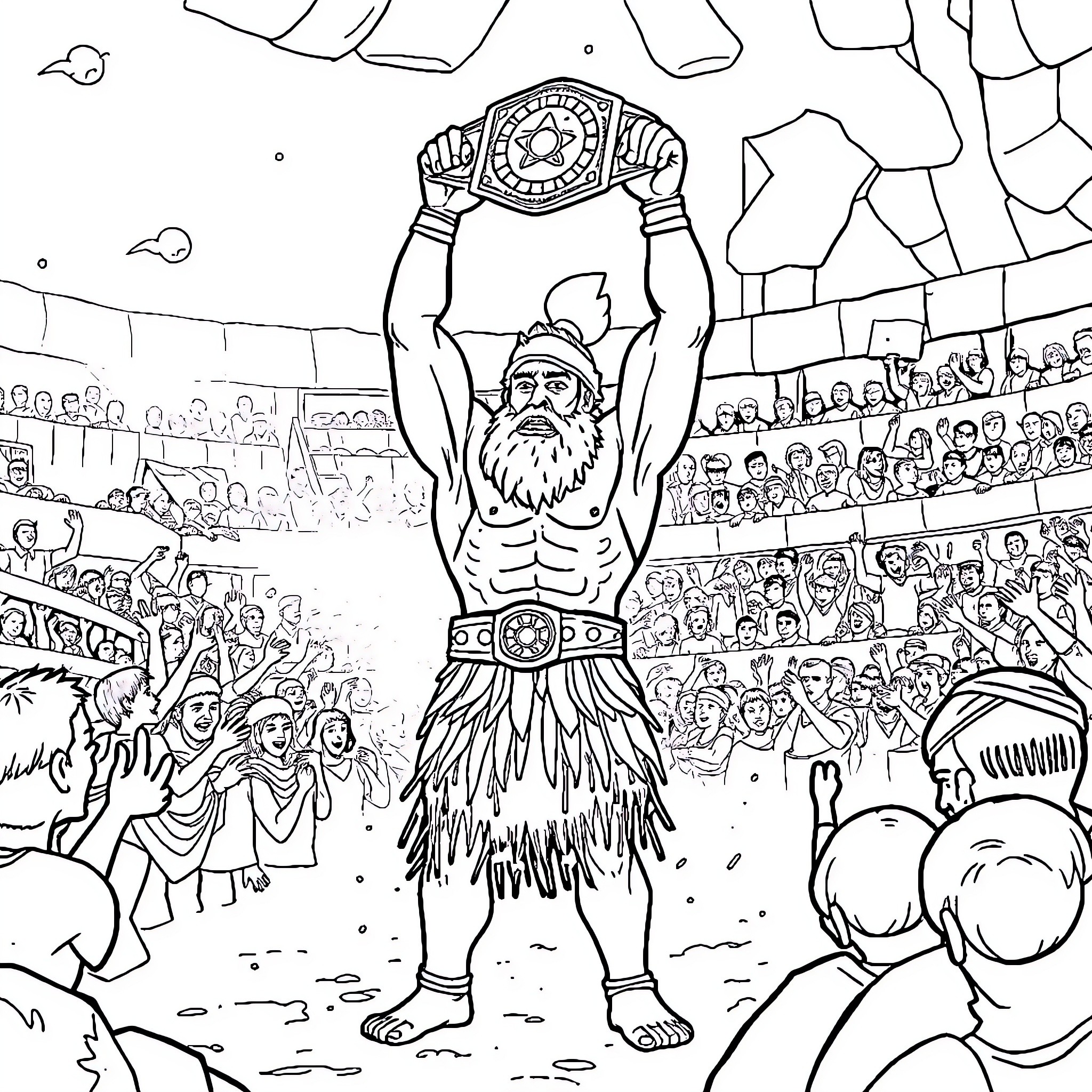 Caveman celebrates victory in wrestling match Coloring Page (free black-and-white line drawing printable PDF for all, from beginners to advanced learners, including children, teens, adults, and seniors)