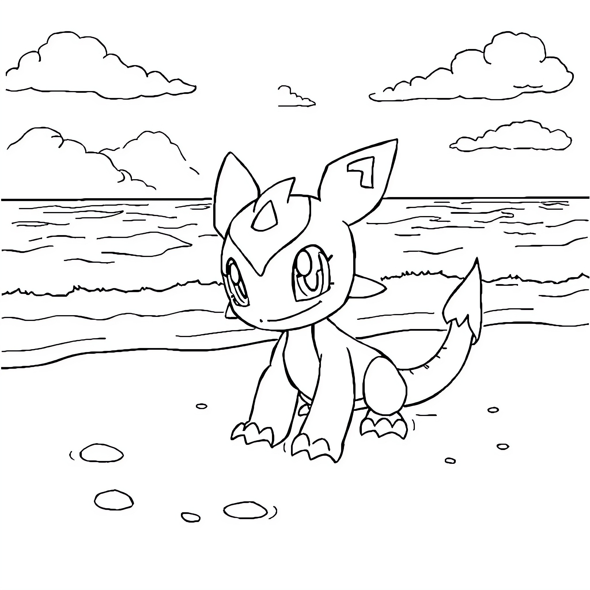 Digimon character at the beach Coloring Page (free black-and-white line drawing printable PDF for all, from beginners to advanced learners, including children, teens, adults, and seniors)