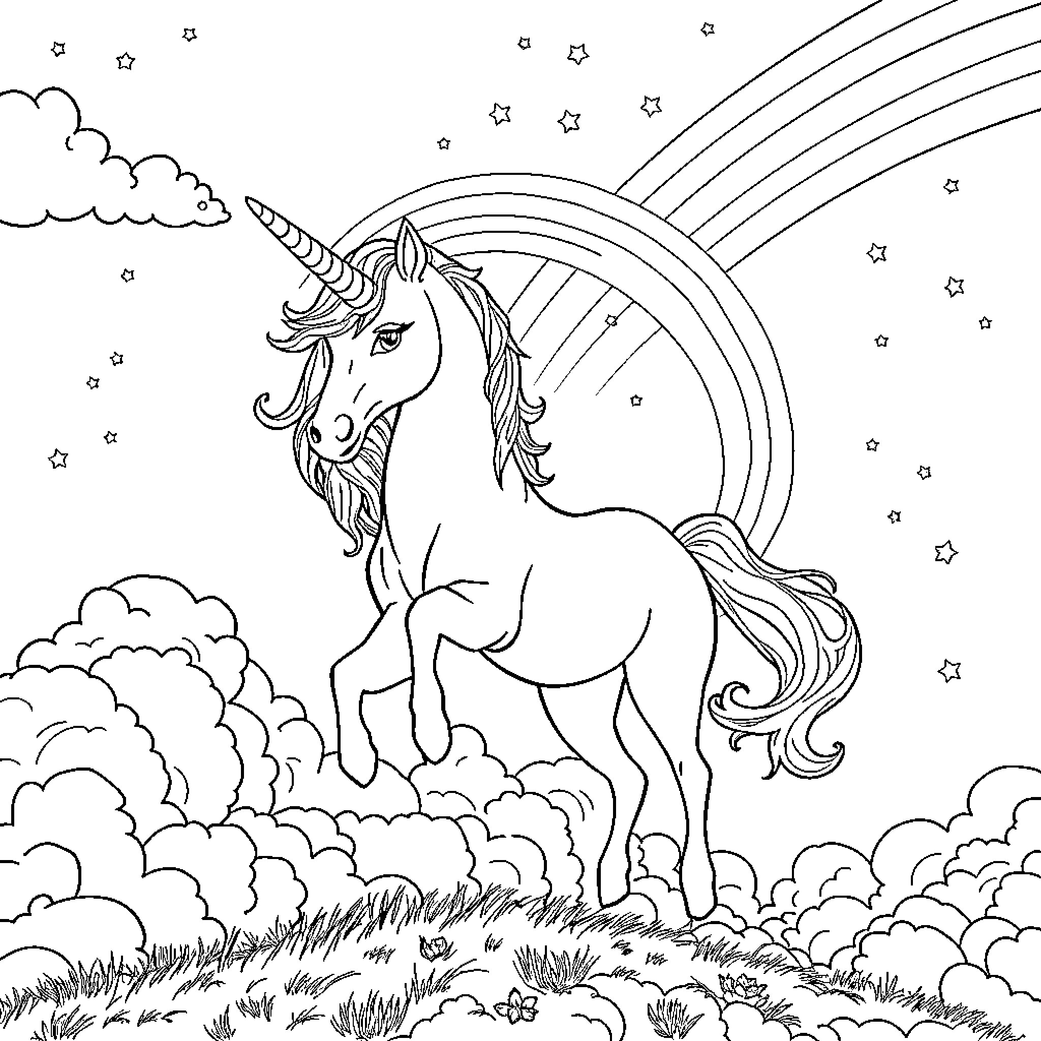 Unicorn standing in a magical landscape Coloring Page (free black-and-white line drawing printable PDF for all, from beginners to advanced learners, including children, teens, adults, and seniors)