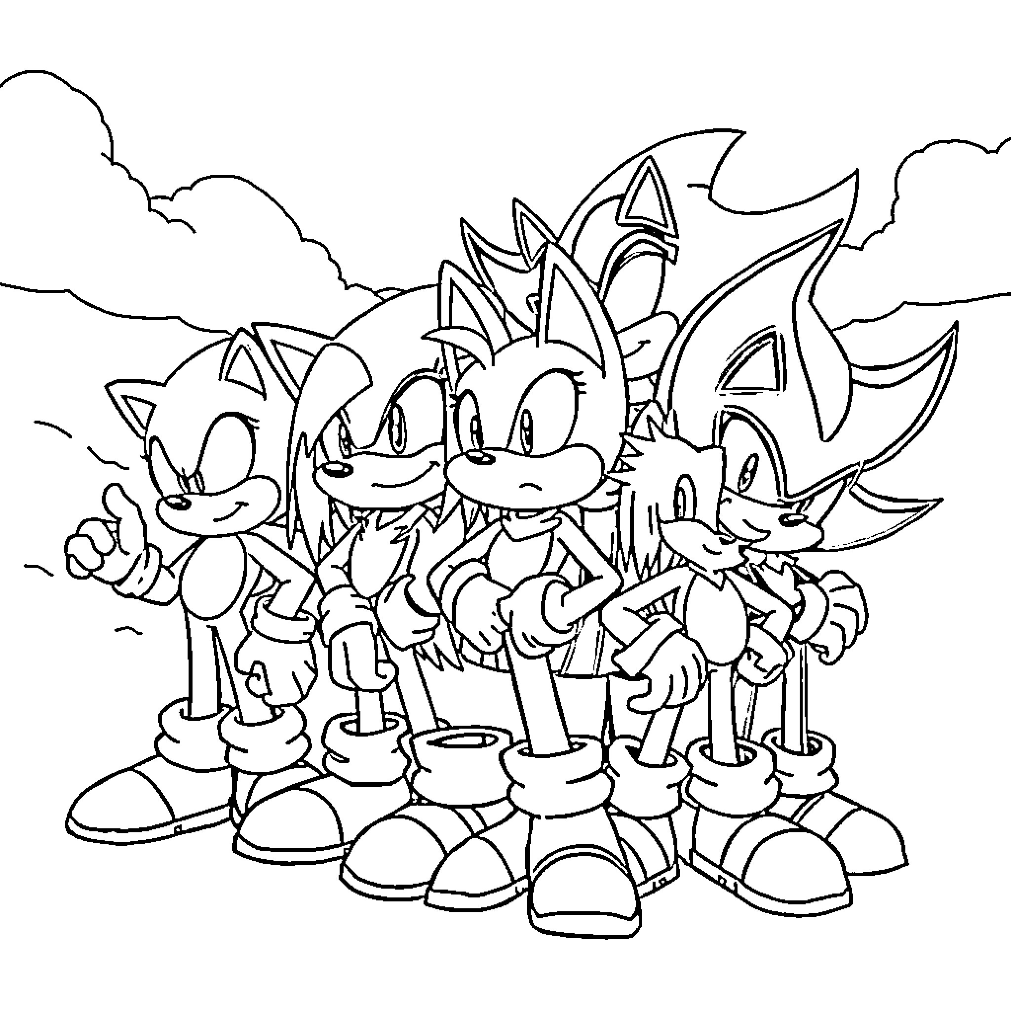 Sonic characters posing together in an outdoor scene Coloring Page (free black-and-white line drawing printable PDF for all, from beginners to advanced learners, including children, teens, adults, and seniors)