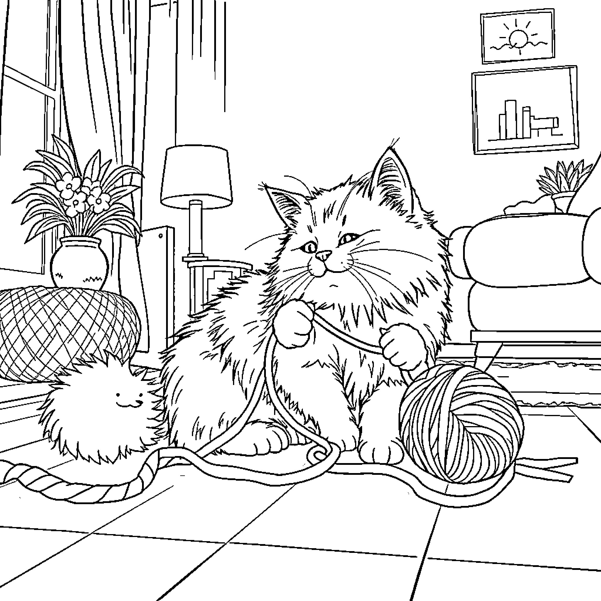 Cat lounging in cozy home setting Coloring Page (free black-and-white line drawing printable PDF for all, from beginners to advanced learners, including children, teens, adults, and seniors)