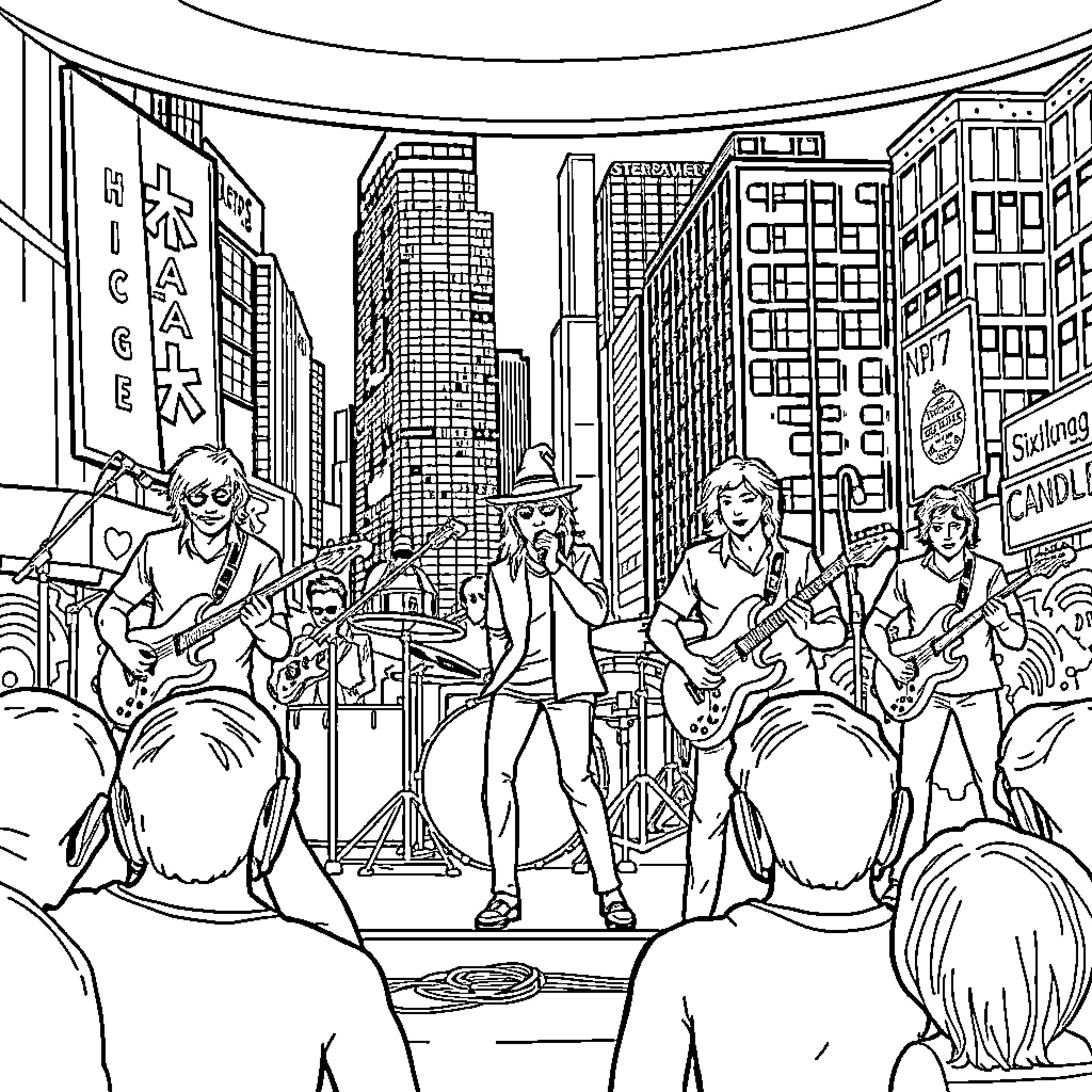 Sixteen Candles: Band Performing on the City Street Coloring Page (free black-and-white line drawing printable PDF for all, from beginners to advanced learners, including children, teens, adults, and seniors)