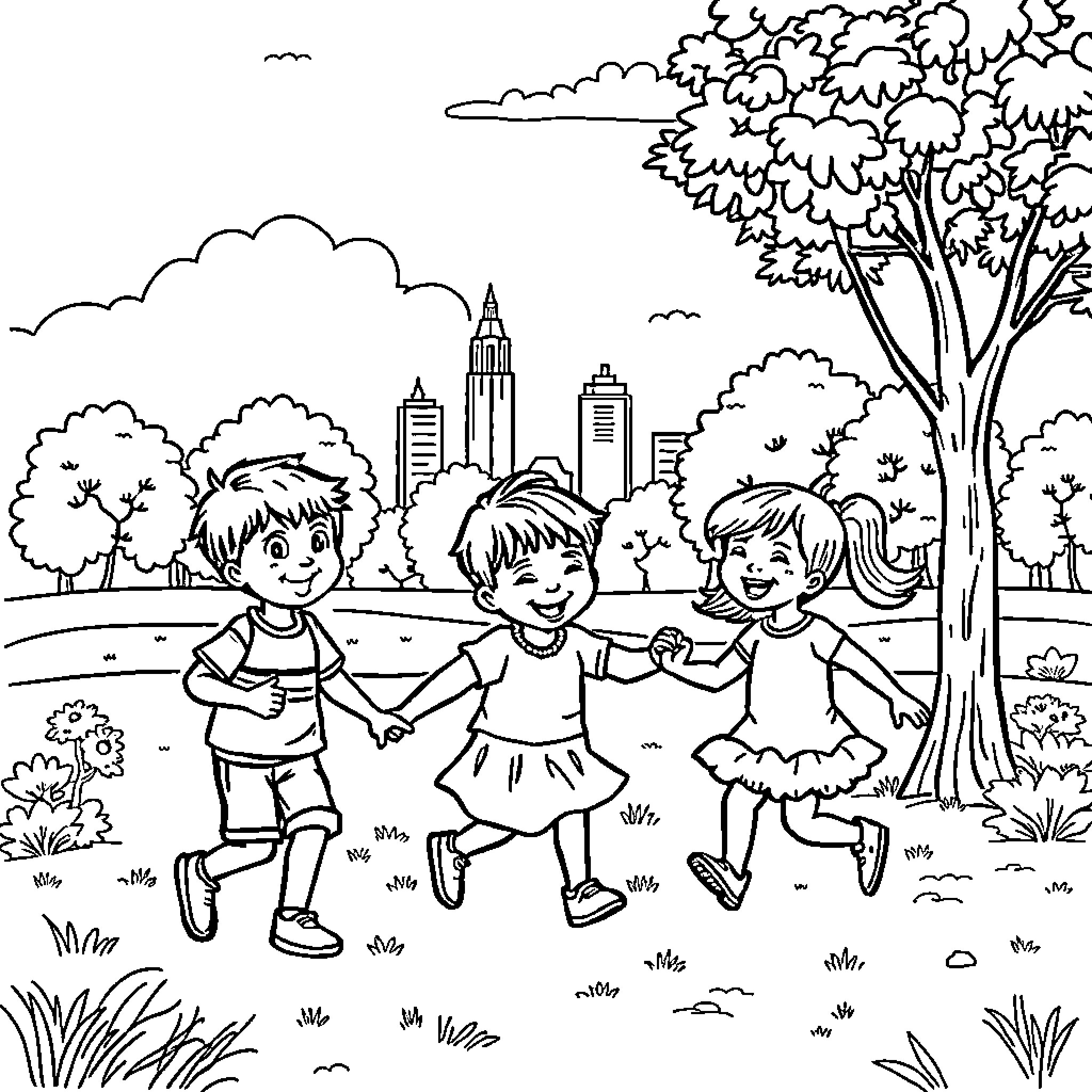 Children playing joyfully in the park Coloring Page (free black-and-white line drawing printable PDF for all, from beginners to advanced learners, including children, teens, adults, and seniors)