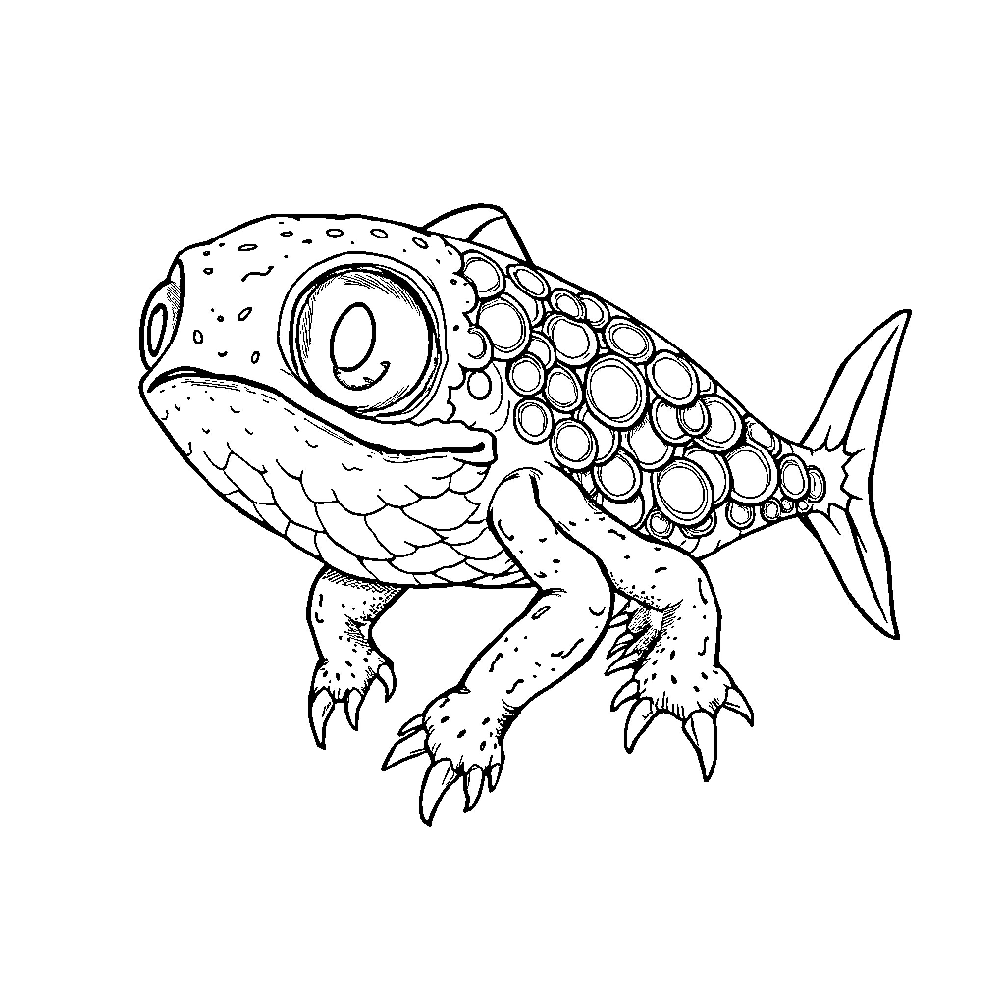 Orcala Fish with Whimsical Scales Coloring Page (free black-and-white line drawing printable PDF for all, from beginners to advanced learners, including children, teens, adults, and seniors)