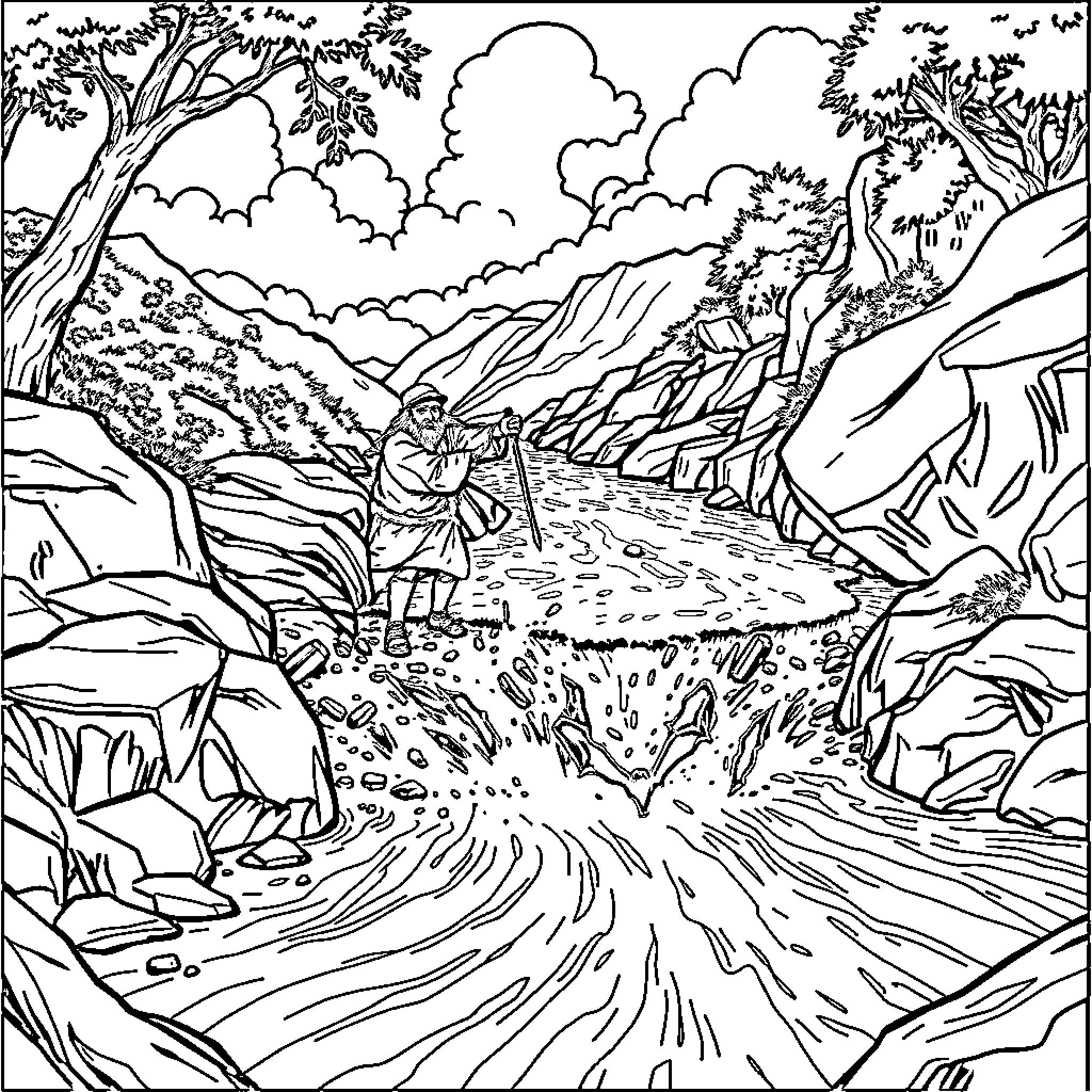 Christian man walking on mountain path Coloring Page (free black-and-white line drawing printable PDF for all, from beginners to advanced learners, including children, teens, adults, and seniors)