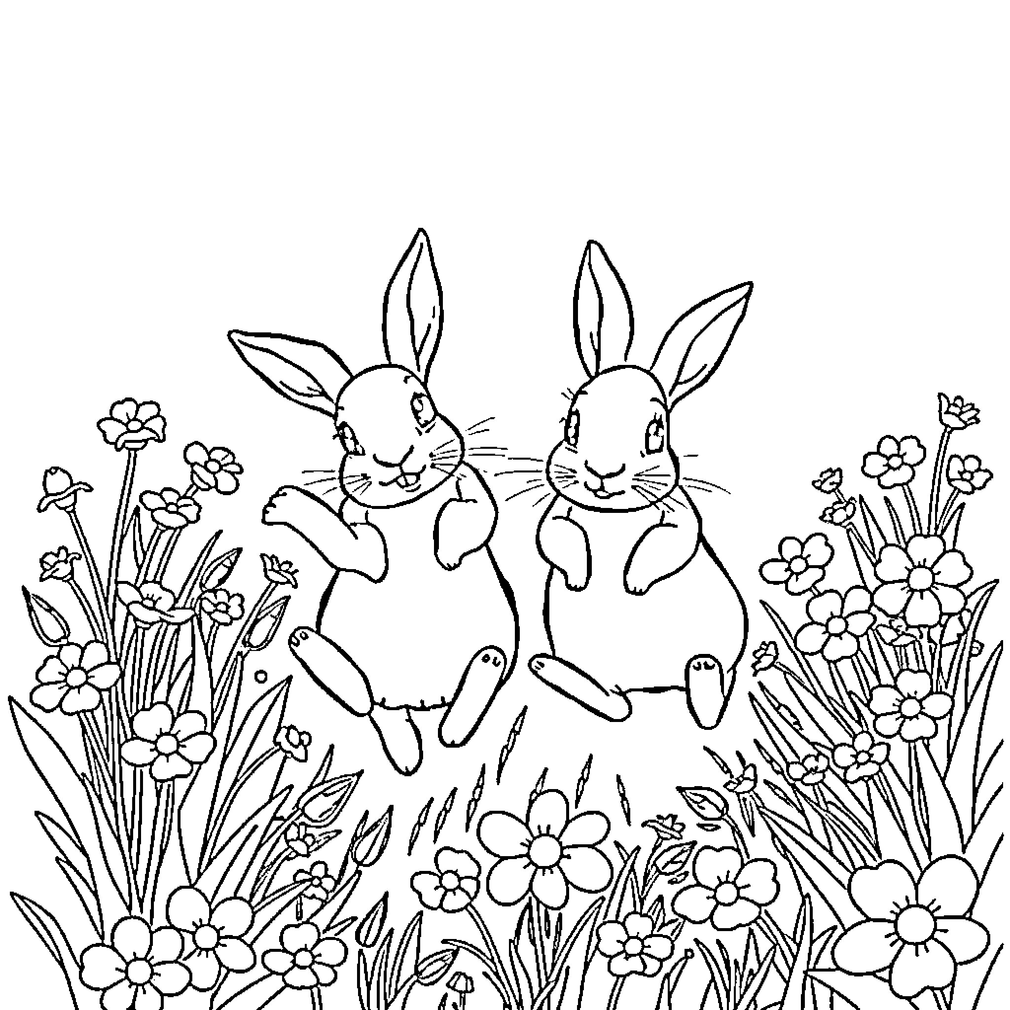 Rabbit friends enjoying floral garden Coloring Page (free black-and-white line drawing printable PDF for all, from beginners to advanced learners, including children, teens, adults, and seniors)