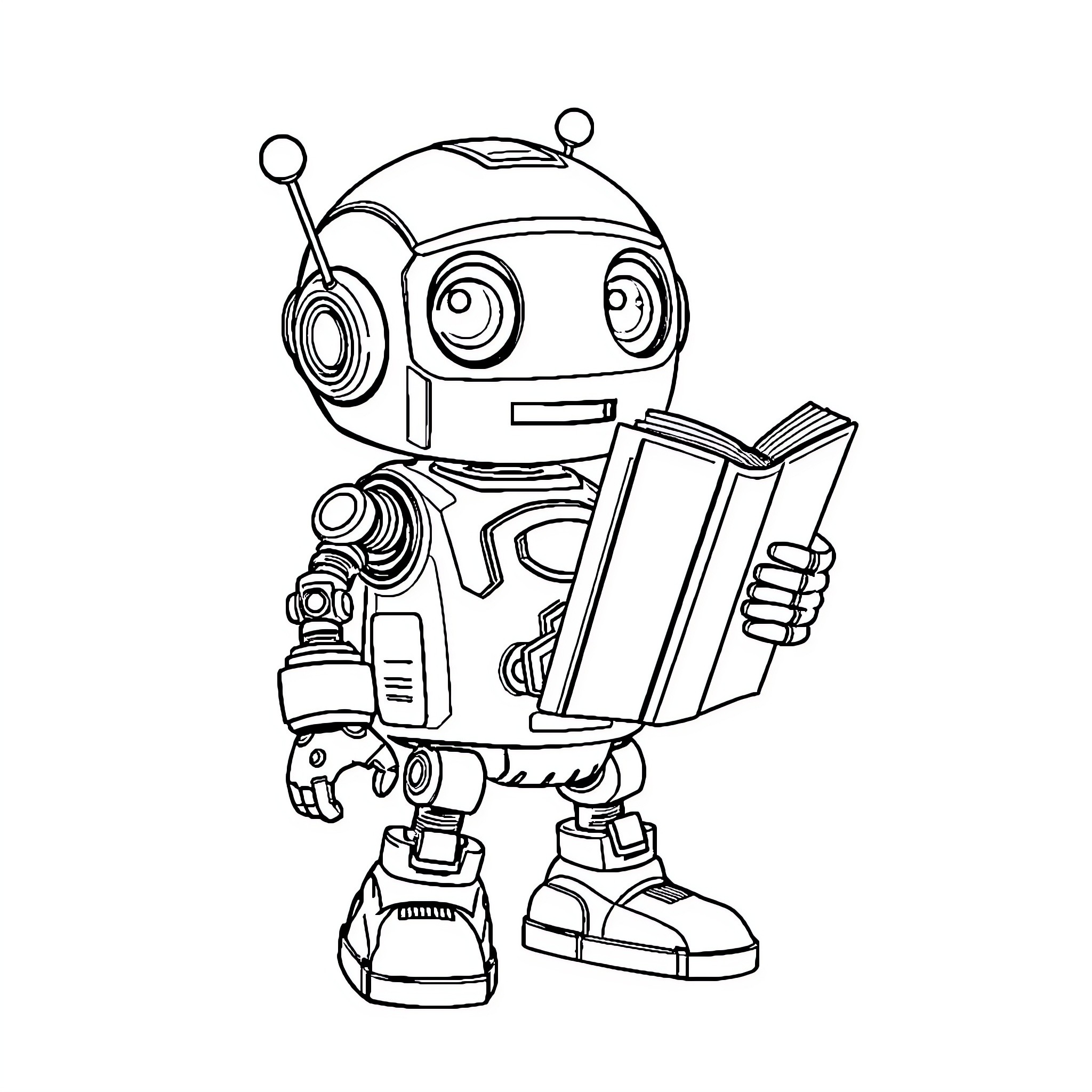 Robot reading book intently Coloring Page (free black-and-white line drawing printable PDF for all, from beginners to advanced learners, including children, teens, adults, and seniors)
