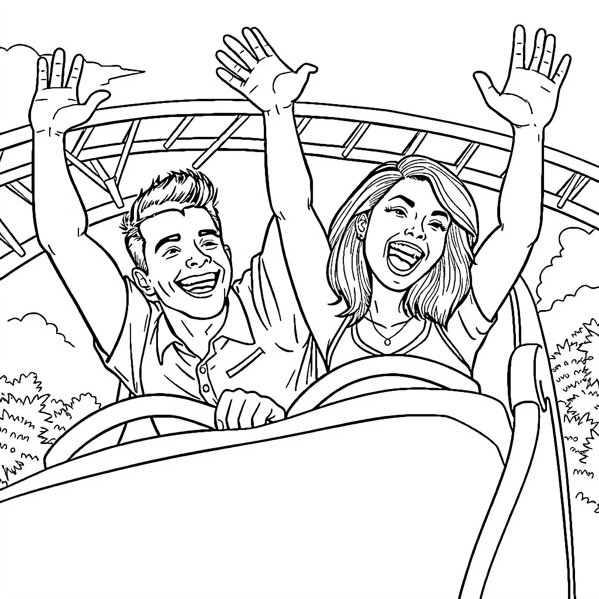 Man and Woman Riding Roller Coaster with Excitement Coloring Page (free black-and-white line drawing printable PDF for all, from beginners to advanced learners, including children, teens, adults, and seniors)