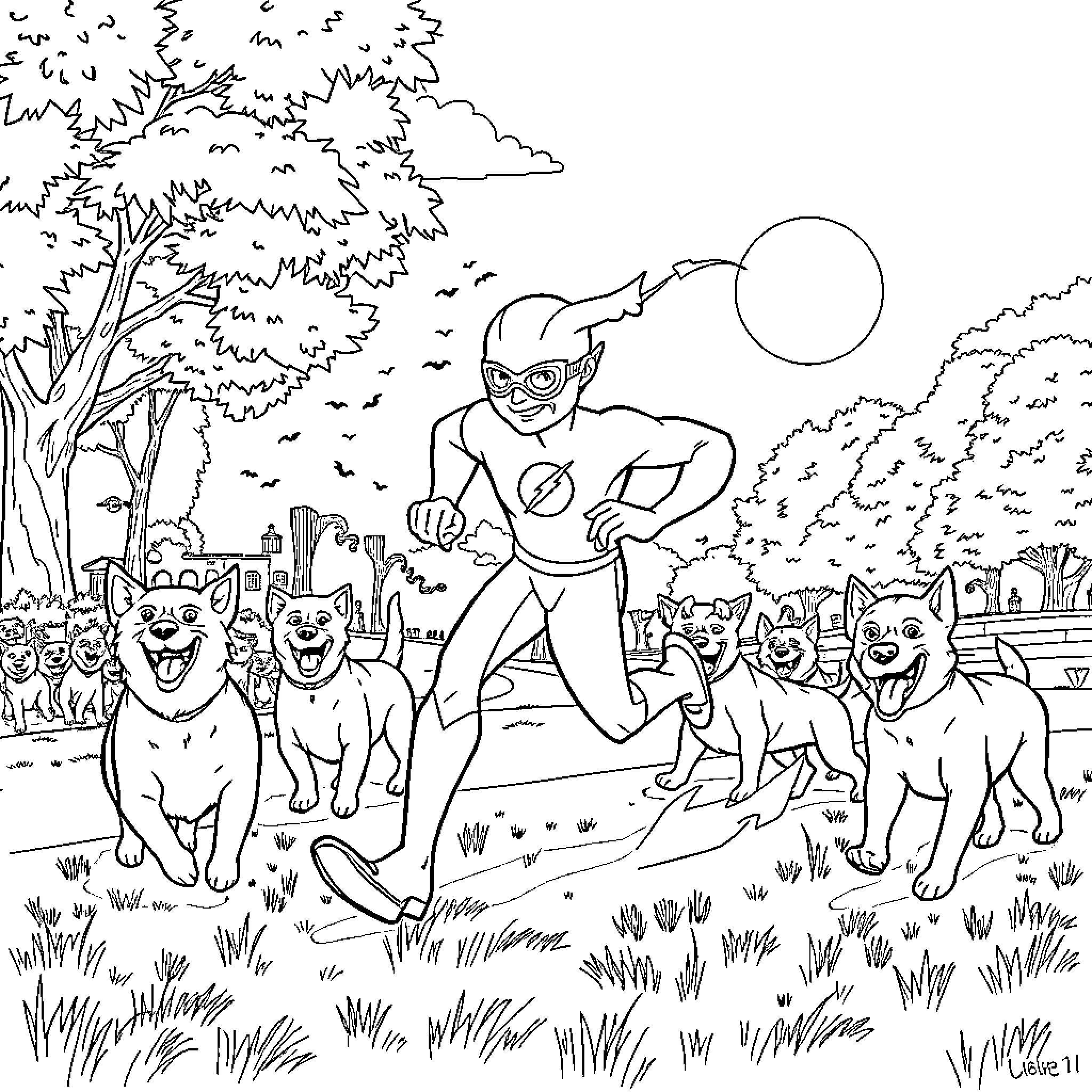 Flash Runs with a Pack of Cheerful Canines Coloring Page (free black-and-white line drawing printable PDF for all, from beginners to advanced learners, including children, teens, adults, and seniors)