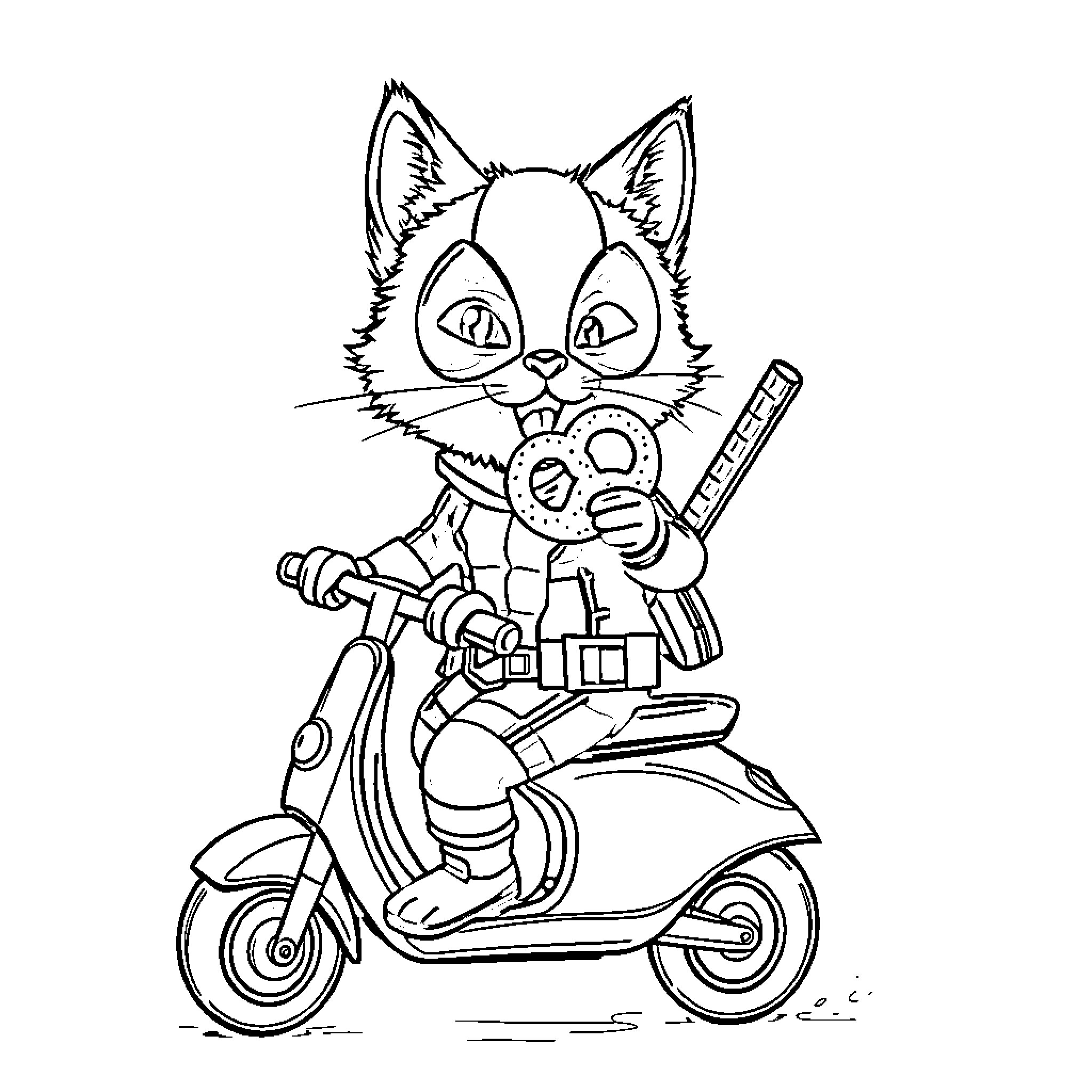 Cat riding a scooter with tools Coloring Page (free black-and-white line drawing printable PDF for all, from beginners to advanced learners, including children, teens, adults, and seniors)