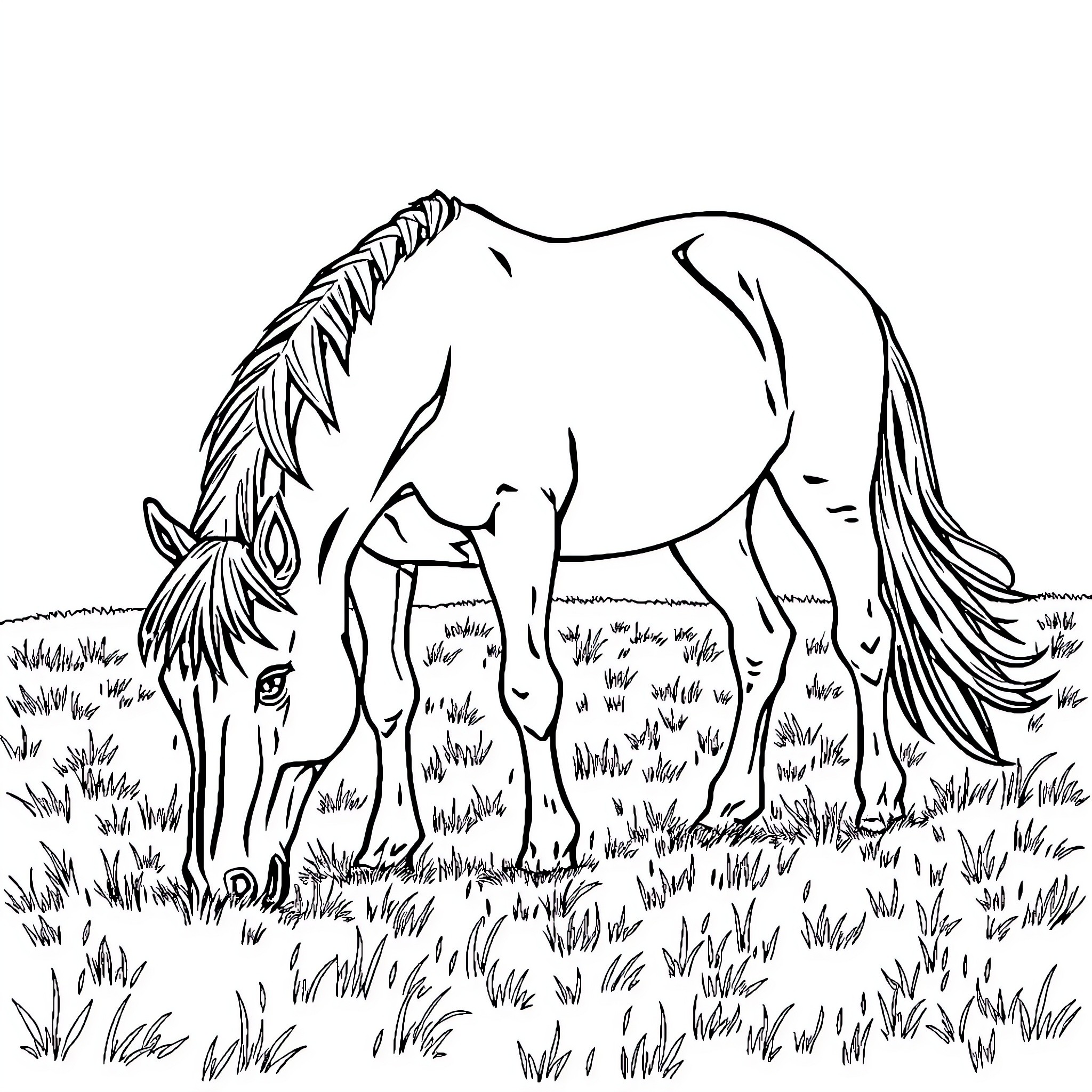Horse grazing peacefully in a meadow Coloring Page (free black-and-white line drawing printable PDF for all, from beginners to advanced learners, including children, teens, adults, and seniors)