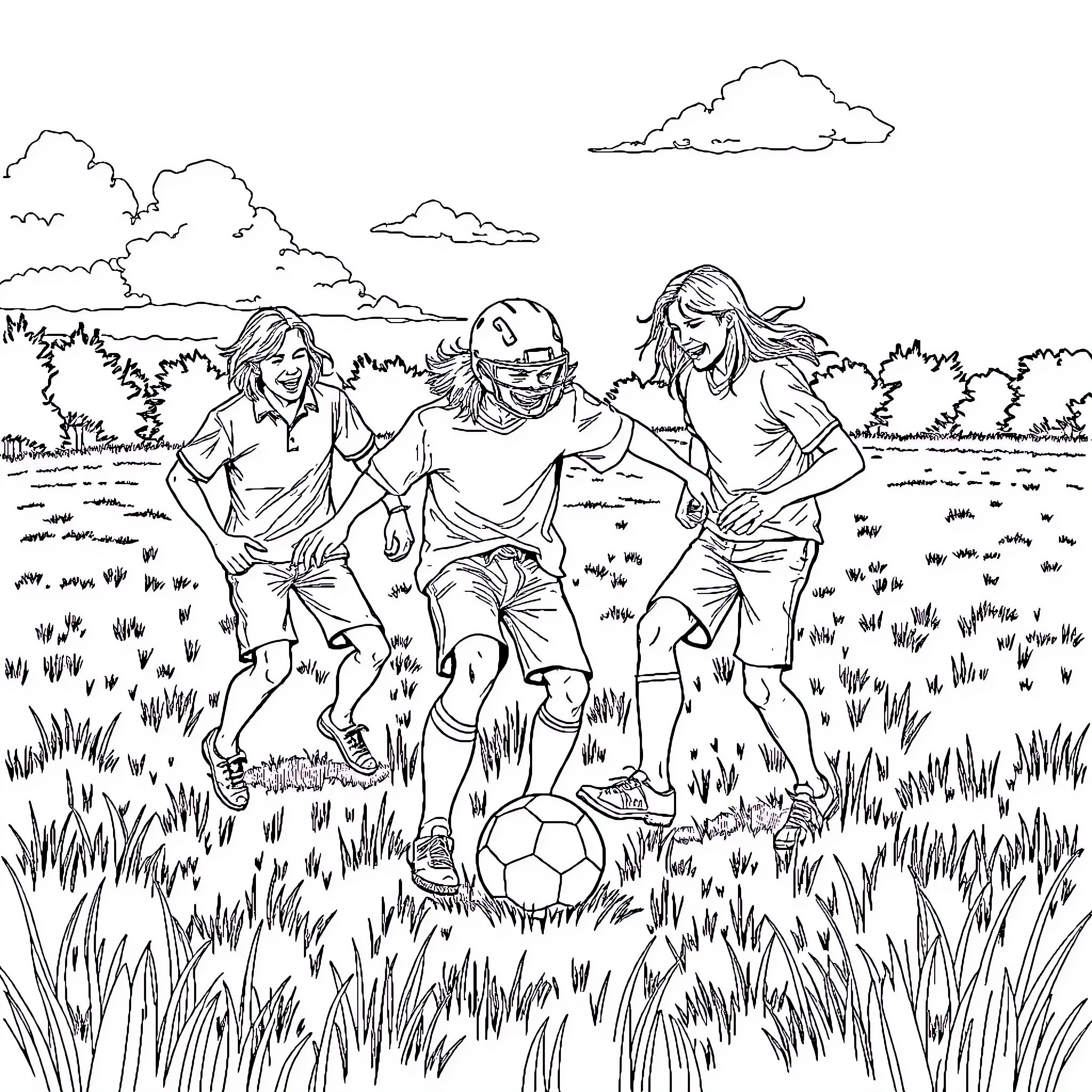 Kurt Cobain and friends playing soccer in a grassy field Coloring Page (free black-and-white line drawing printable PDF for all, from beginners to advanced learners, including children, teens, adults, and seniors)