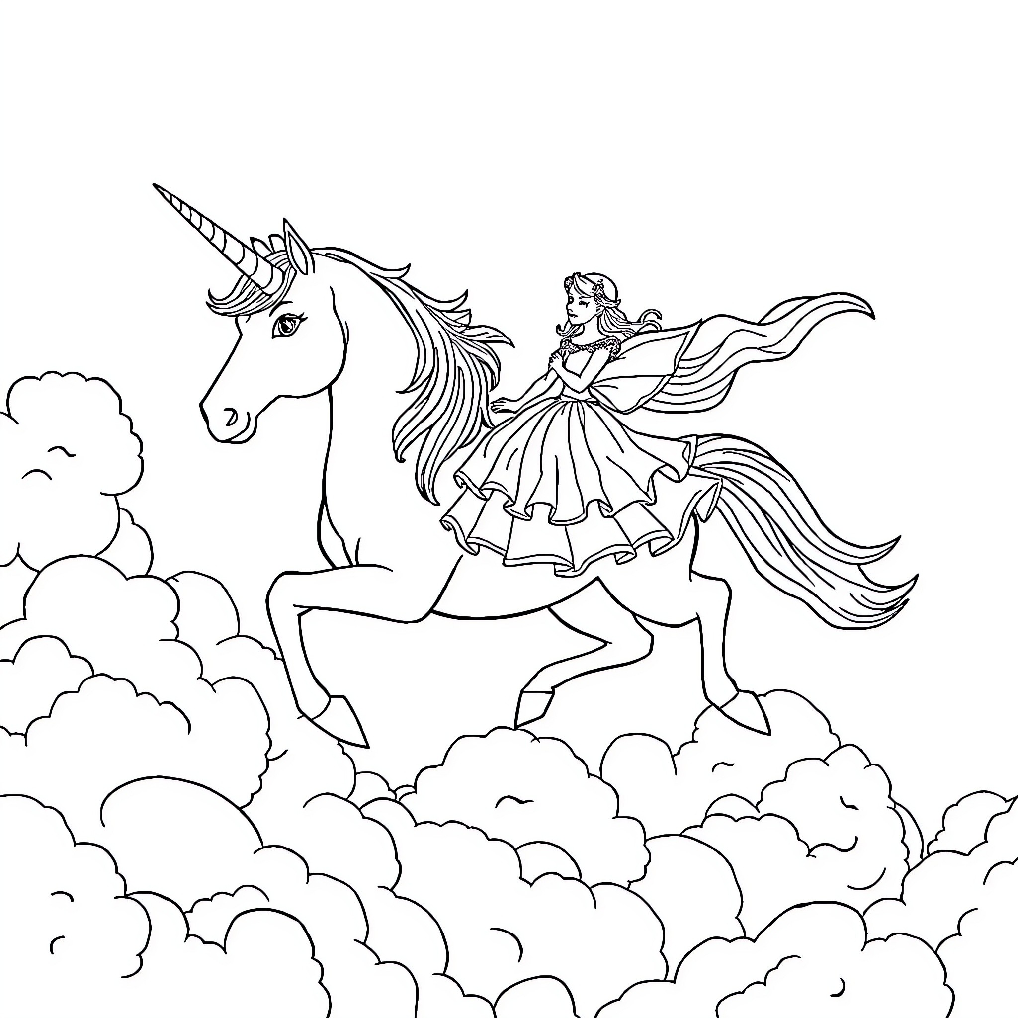 Unicorn carrying a princess through the clouds Coloring Page (free black-and-white line drawing printable PDF for all, from beginners to advanced learners, including children, teens, adults, and seniors)