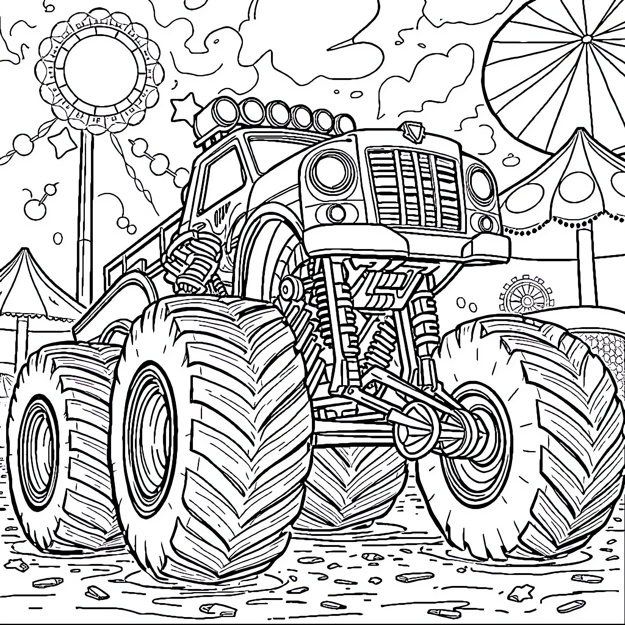 Monster Truck Performing Stunts at Carnival Coloring Page (free black-and-white line drawing printable PDF for all, from beginners to advanced learners, including children, teens, adults, and seniors)