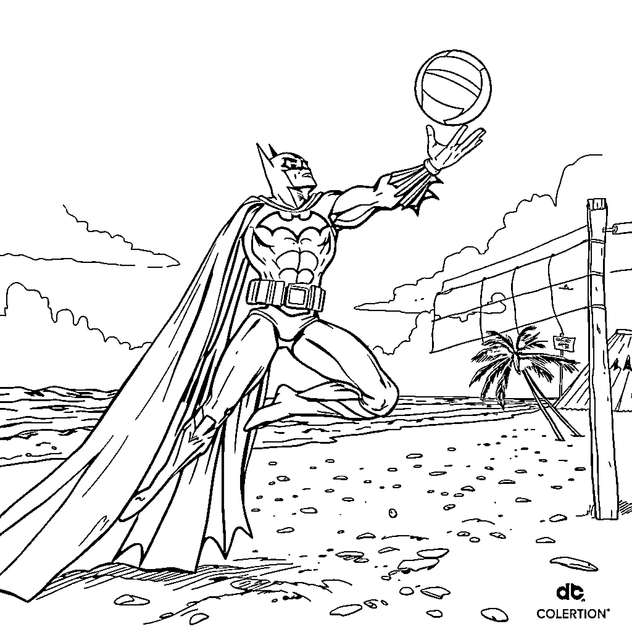 Batman Heroically Confronting Villain on Beach Coloring Page (free black-and-white line drawing printable PDF for all, from beginners to advanced learners, including children, teens, adults, and seniors)